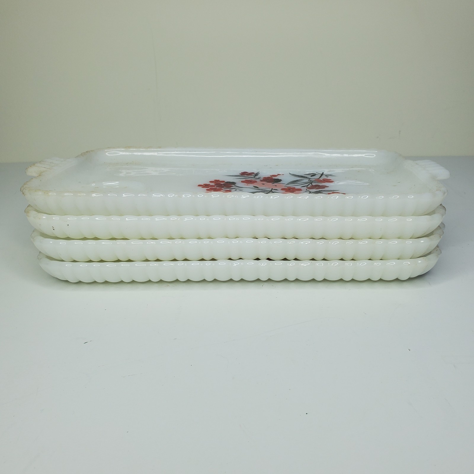Vintage Anchor Hocking Lot Of 4 Snack Set Party Milk Glass Hostess Primrose MCM