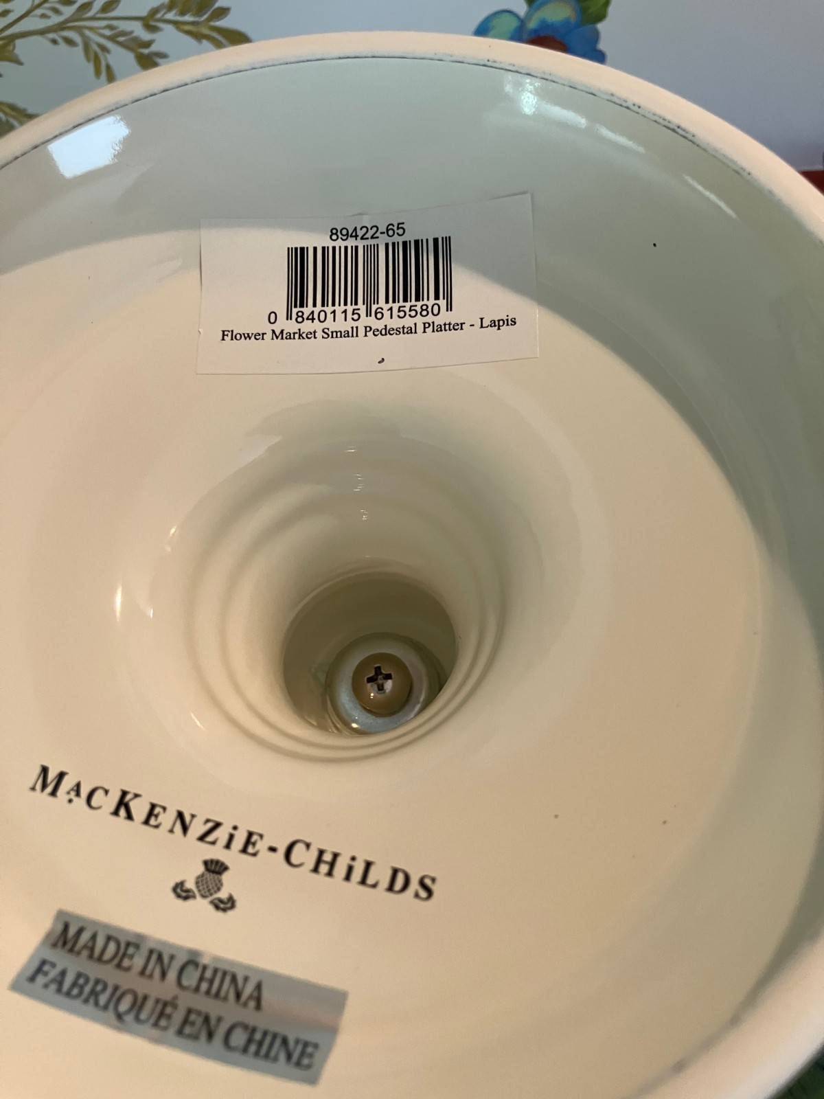 MACKENZIE-CHILD’S COURTLY CHECK, LAPIS FLOWER GARDEN SMALL PEDESTAL PLATTER,NEW