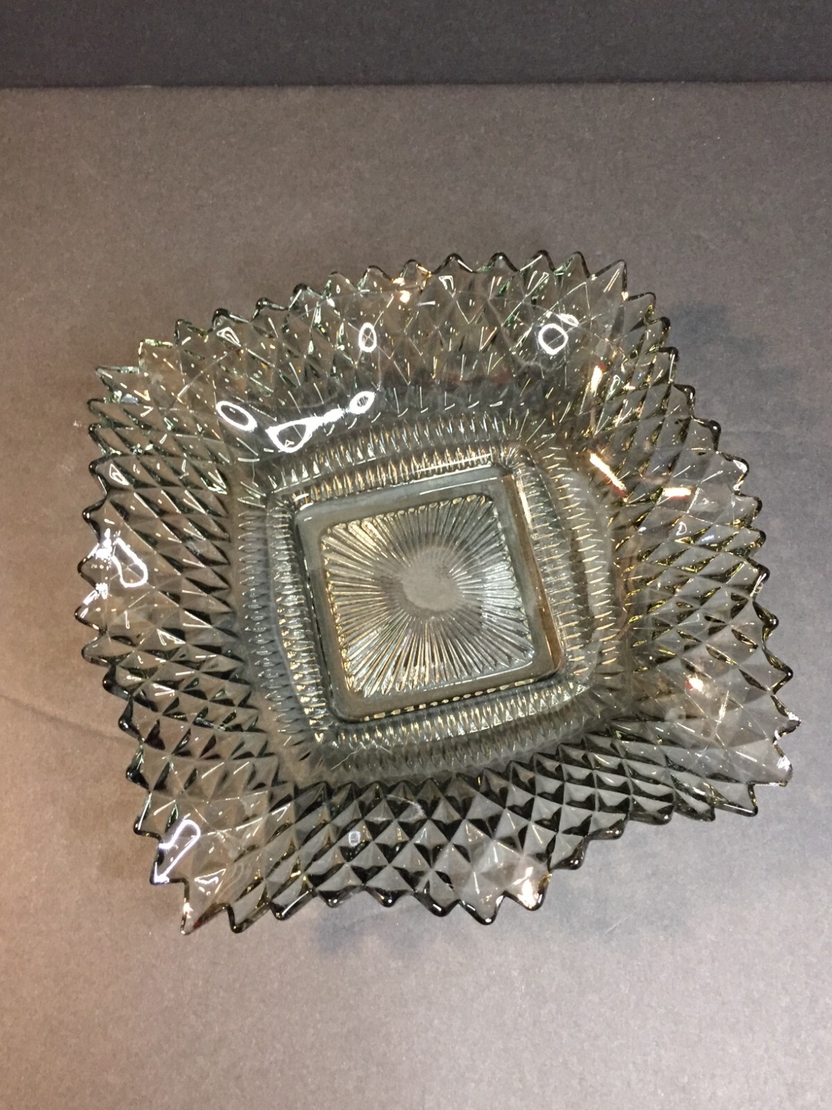 Light Gray Clear Glass Candy Bowl Square Serving Dish with Pointy Edges Vintage