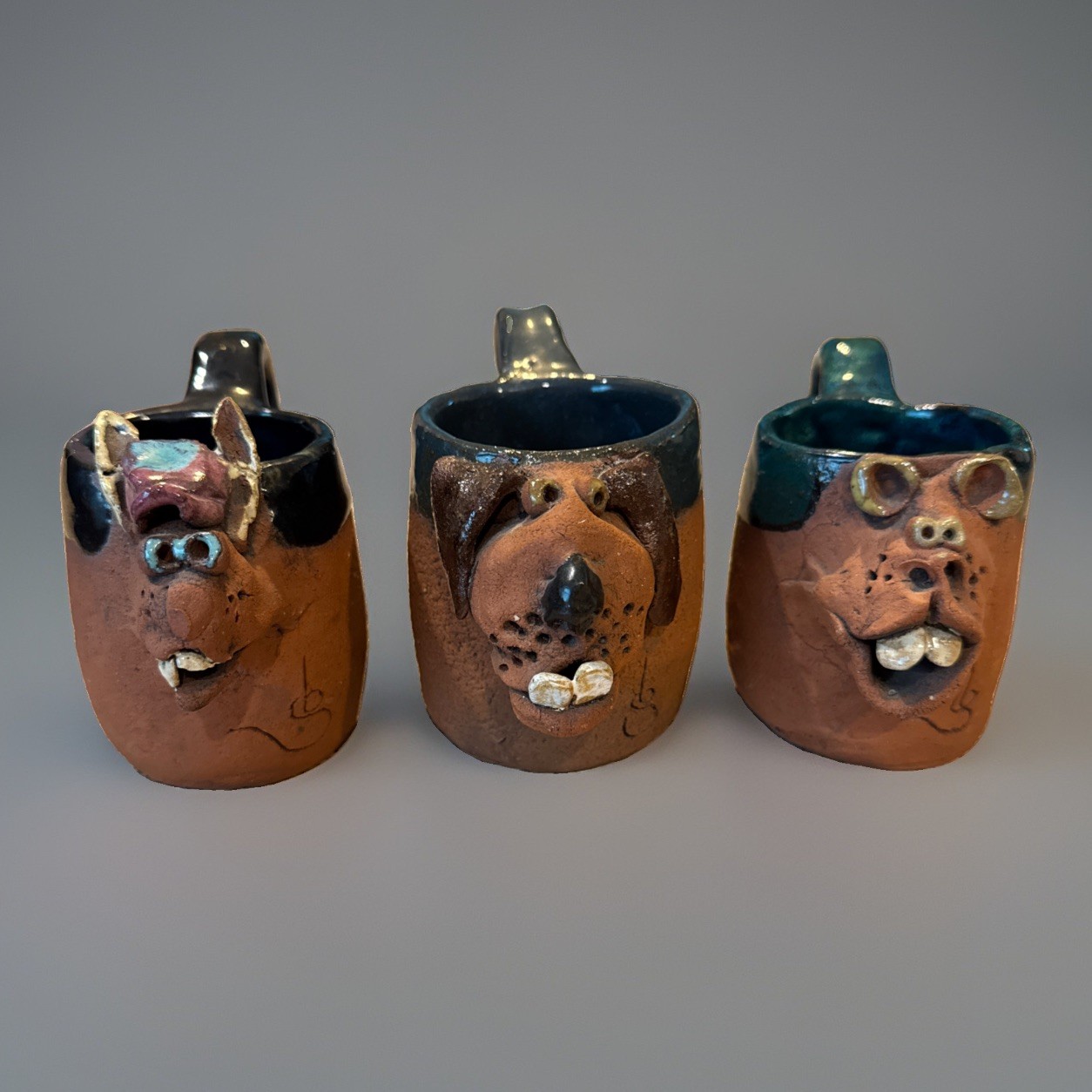 Set of 3 Vintage 1988 Studio Pottery Weirdo Animal Critter Mugs Signed, Read