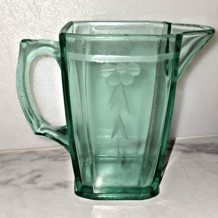 Vintage Uranium Vaseline Glass Etched Pitcher Antique GLOWS Nice 4.25″x2.5x 5″