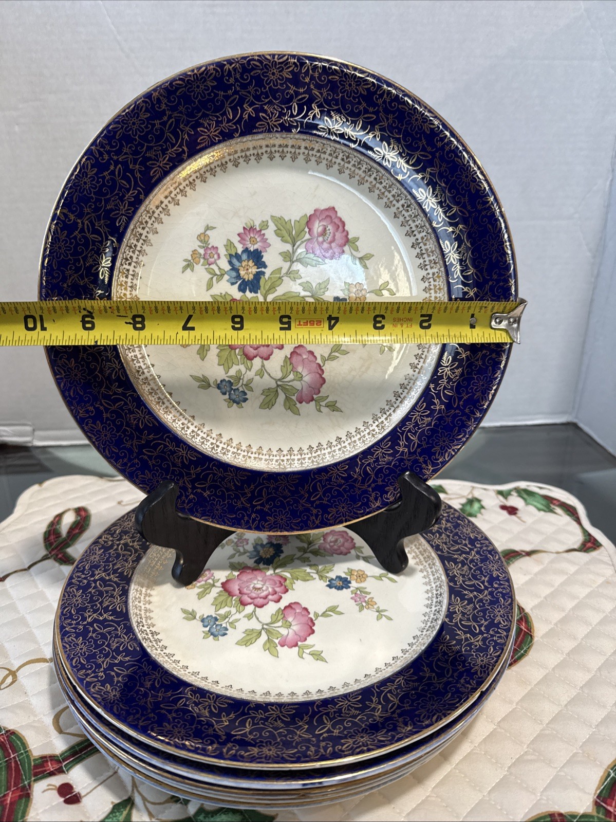 Steubenville China Cobalt Blue & Gold Rimmed Floral Dinner Plate