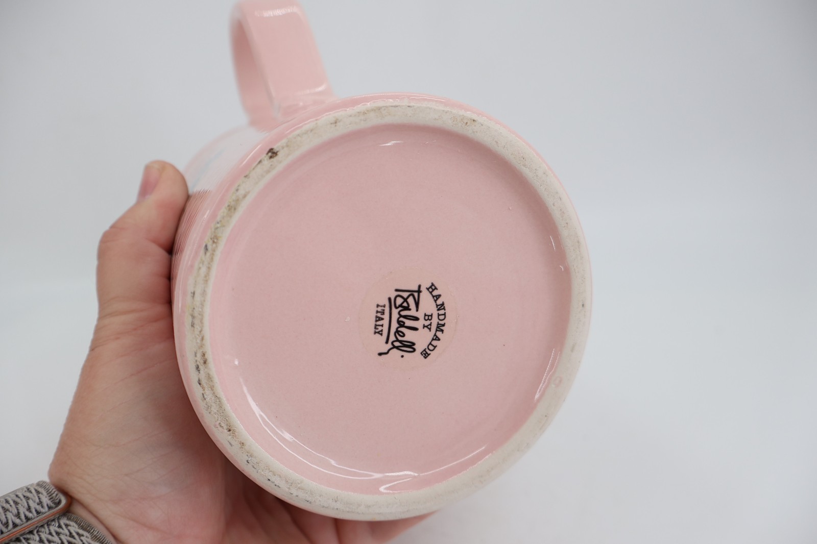 Baldelli Coriano Italy Hand Painted Ceramic Pitcher Pink Teal Stripe Textured