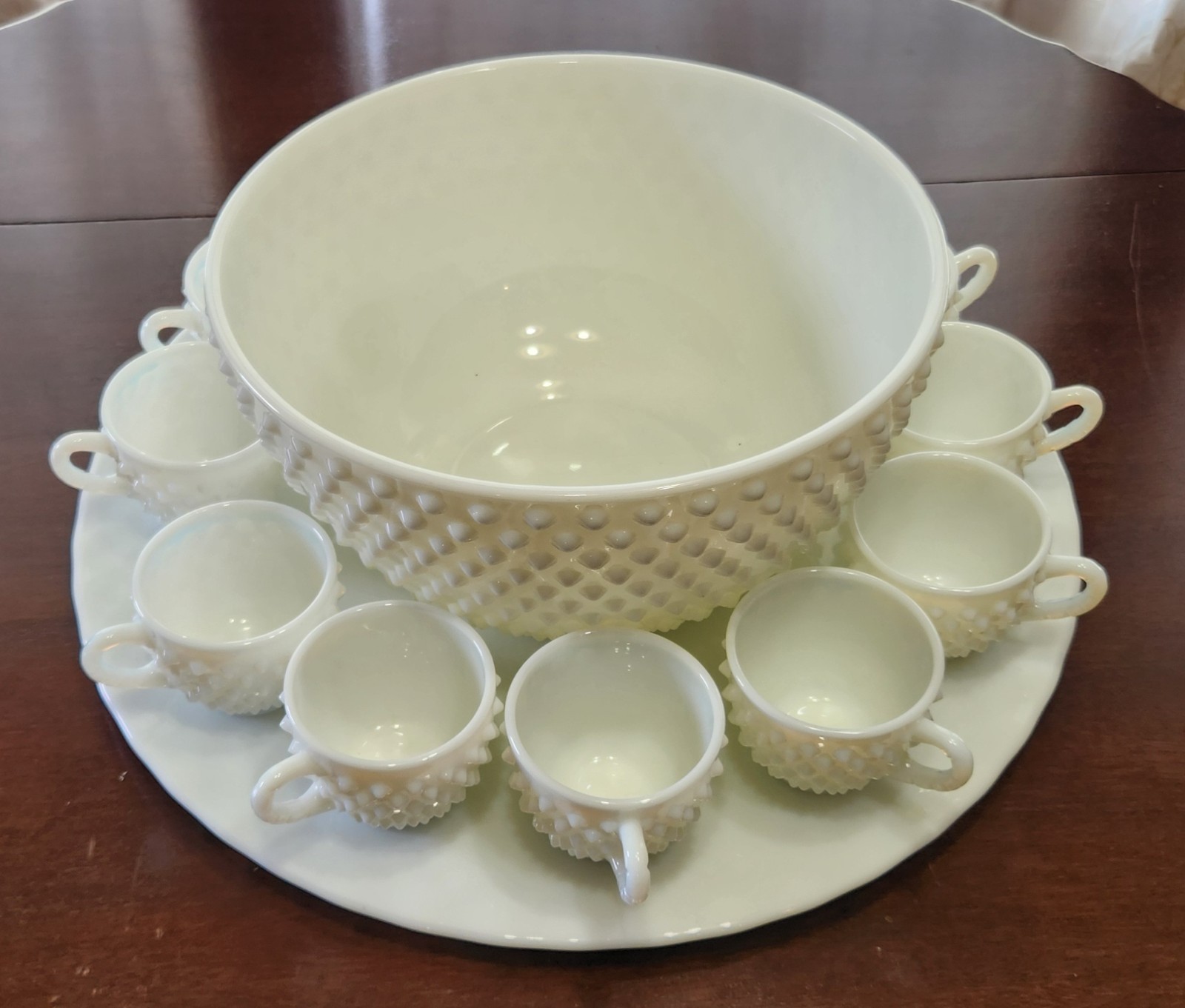 Vintage Fenton Hobnail Milk Glass Punch Bowl Set 9 Cups~