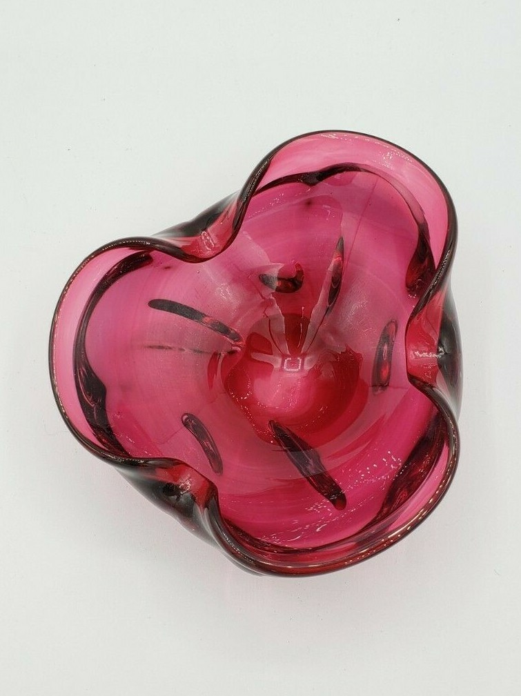 Vintage Murano Art Glass Pinch Bowl Purple Pink Ashtray Pinched Sides Strawberry