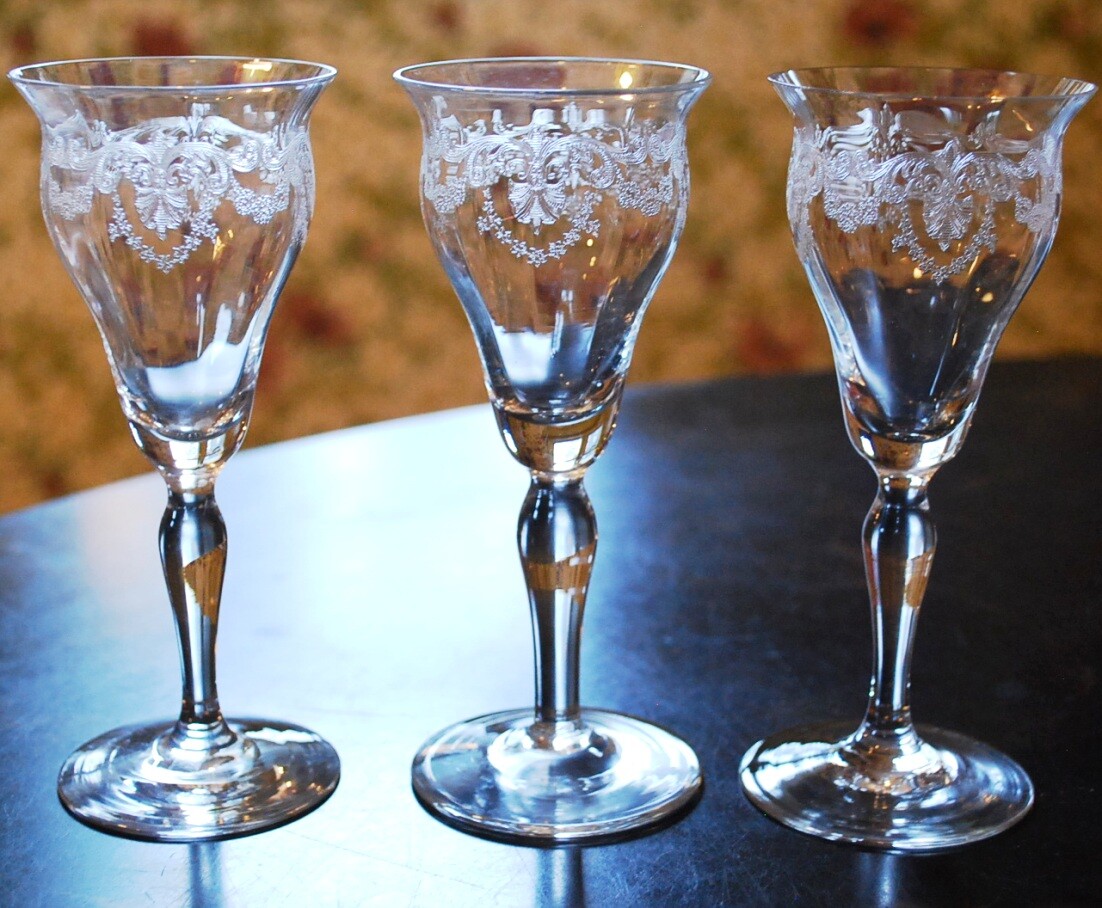 Antique BRYCE Set 3 Cocktail Glasses 5″ NEEDLE ETCHED OPTIC GLASS Garlands c1900