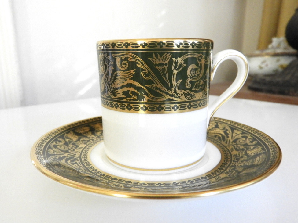 Wedgwood Bone China FLORENTINE Dark Green Demitasse Cup and Saucer – MINT!