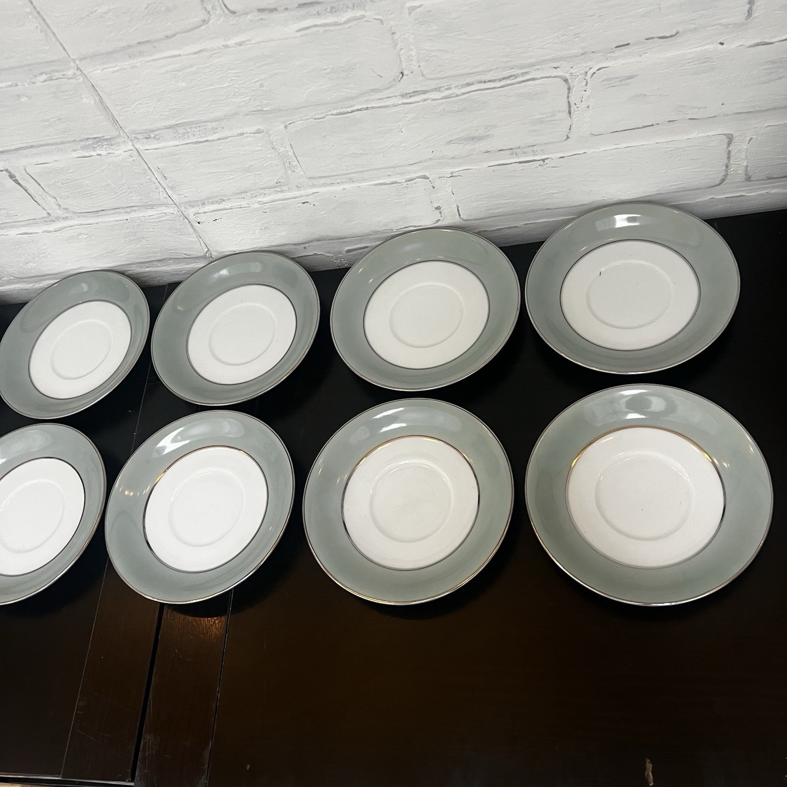 Vintage Sango Japan Sheffield Plates and Saucers Celadon Silver Rim- 22 Pc Lot