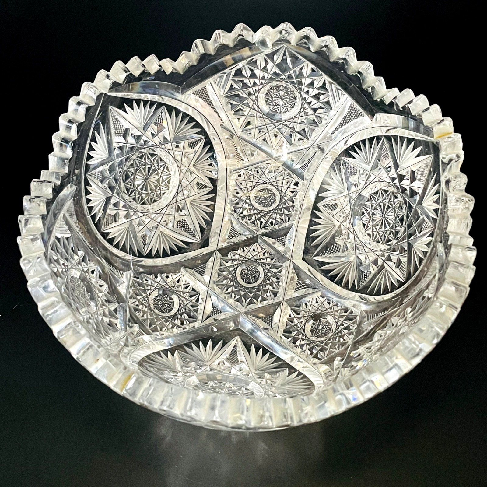 American Brilliant Cut Antique Sawtooth Scalloped Edge Lead Glass Star Bowl 8”
