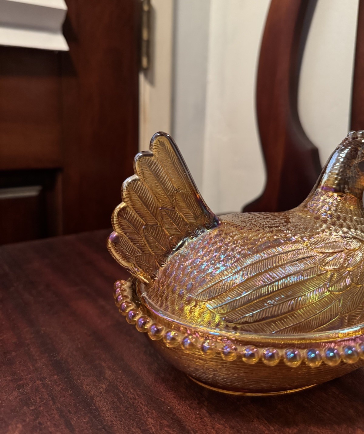Vintage Indiana Glass Hen on Nest Iridescent Golden Amber Carnival Glass 7” READ