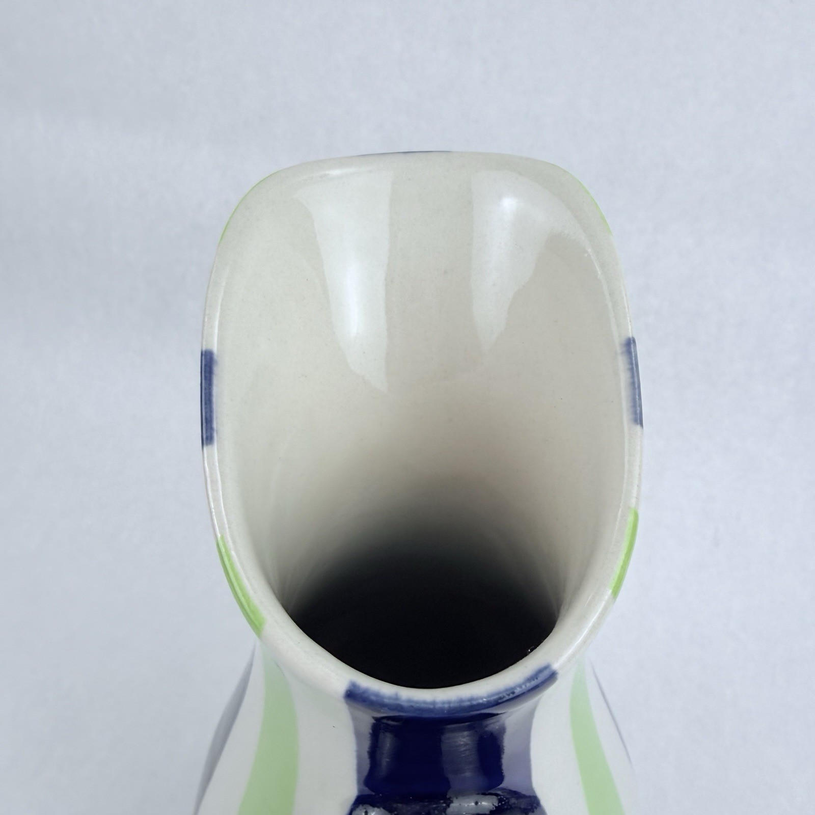 Vintage Jonathan Adler Ceramic Pitcher Pot Porter Green Blue White Stripes 9.5”