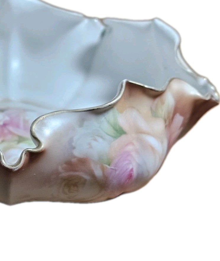 Antique RS Prussia Pink Rose 9″ Blown Out Bowl Exterior Painted Floral Gold