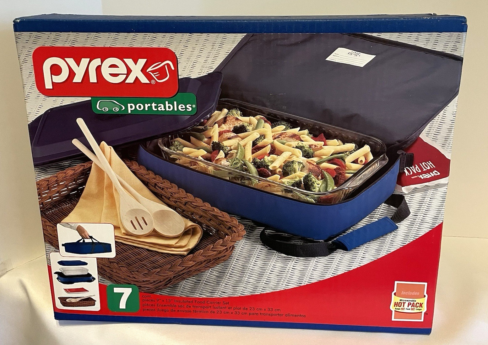 Vintage Pyrex Portables 7 Piece 9in x 13 Blue w Hot Pack Basket Utensils Lid Bag