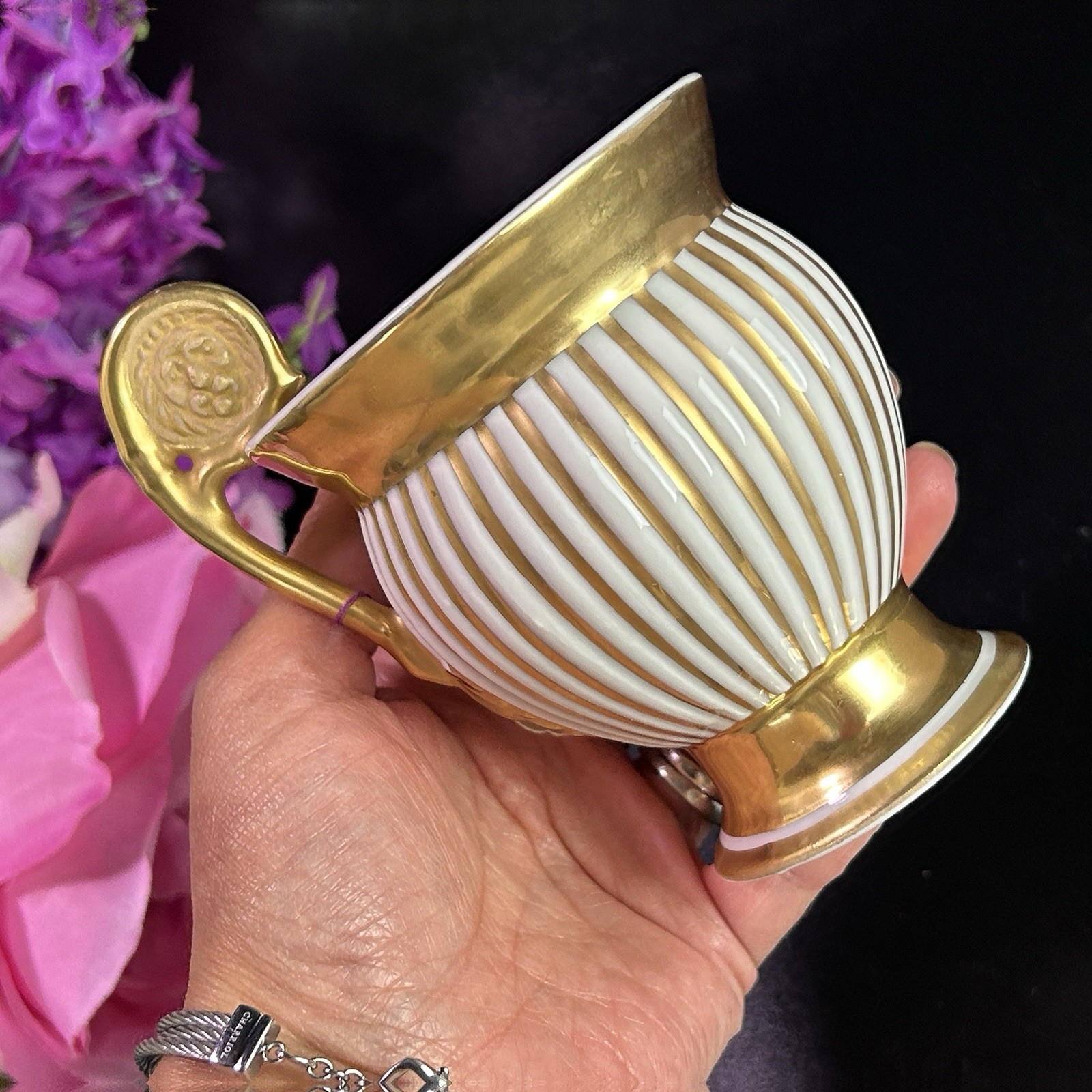 Antique Royal Porzellan Manufaktur RPM Lion Handle Cup Gold Stripes 4 3/8”