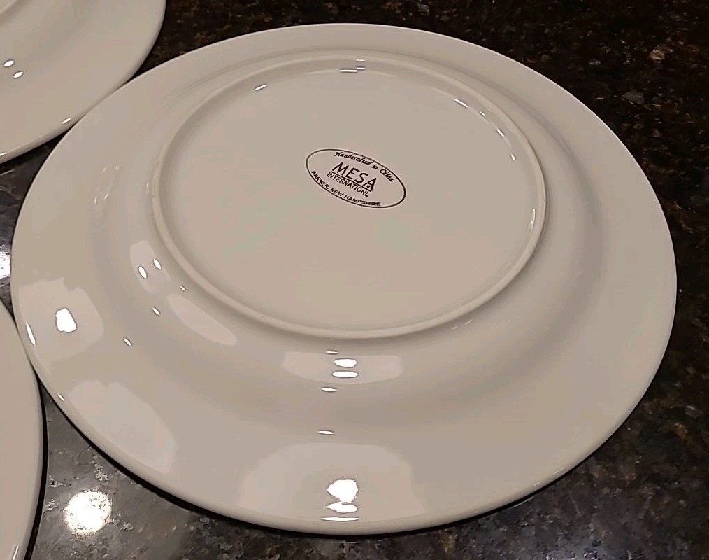 SET (3) Mesa International 11 7/8″ Dinner Plates. White Embossed Dots & Scrolls