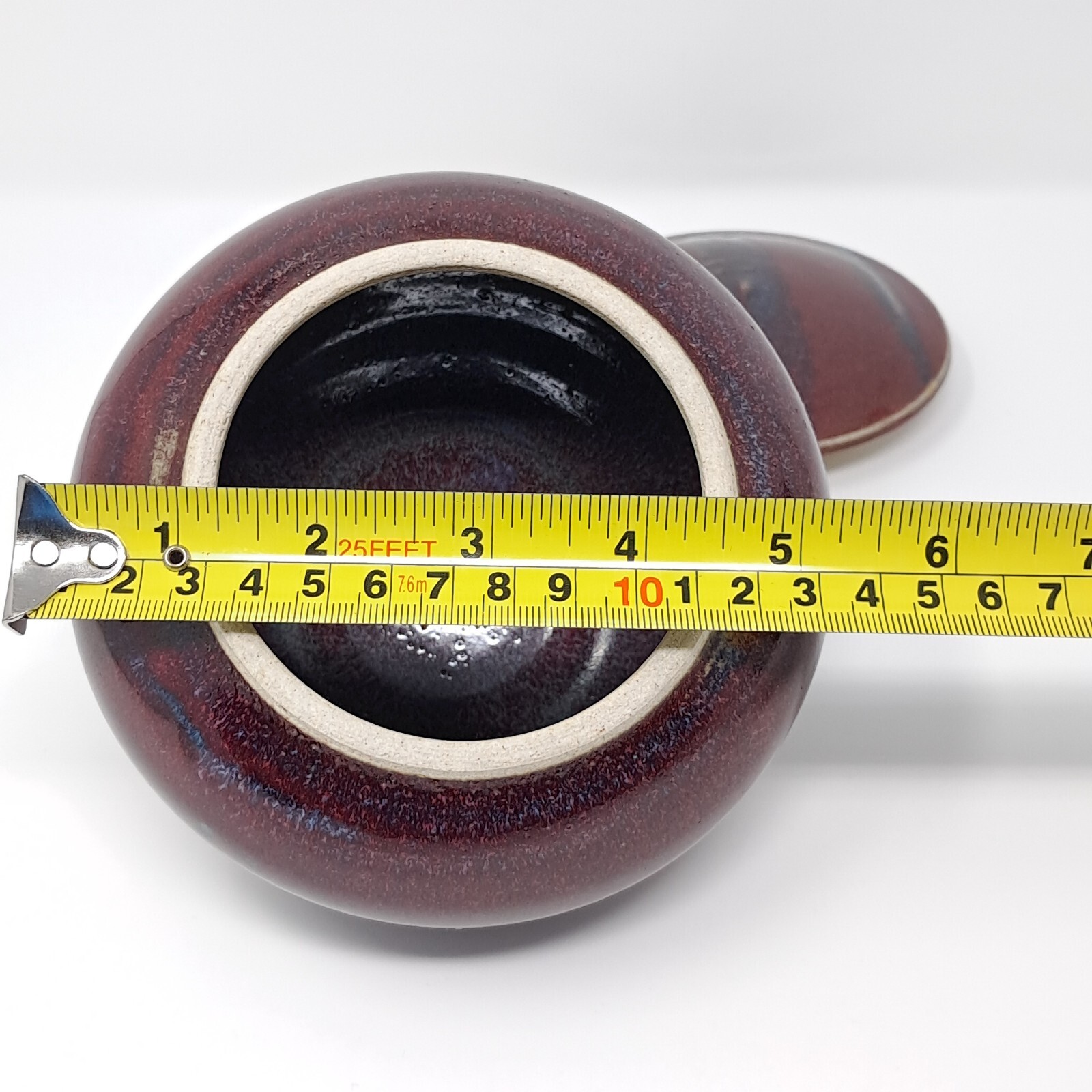 Stoneware Pottery Jar w/ Lid onion shape Deep Red w/ Blue signed