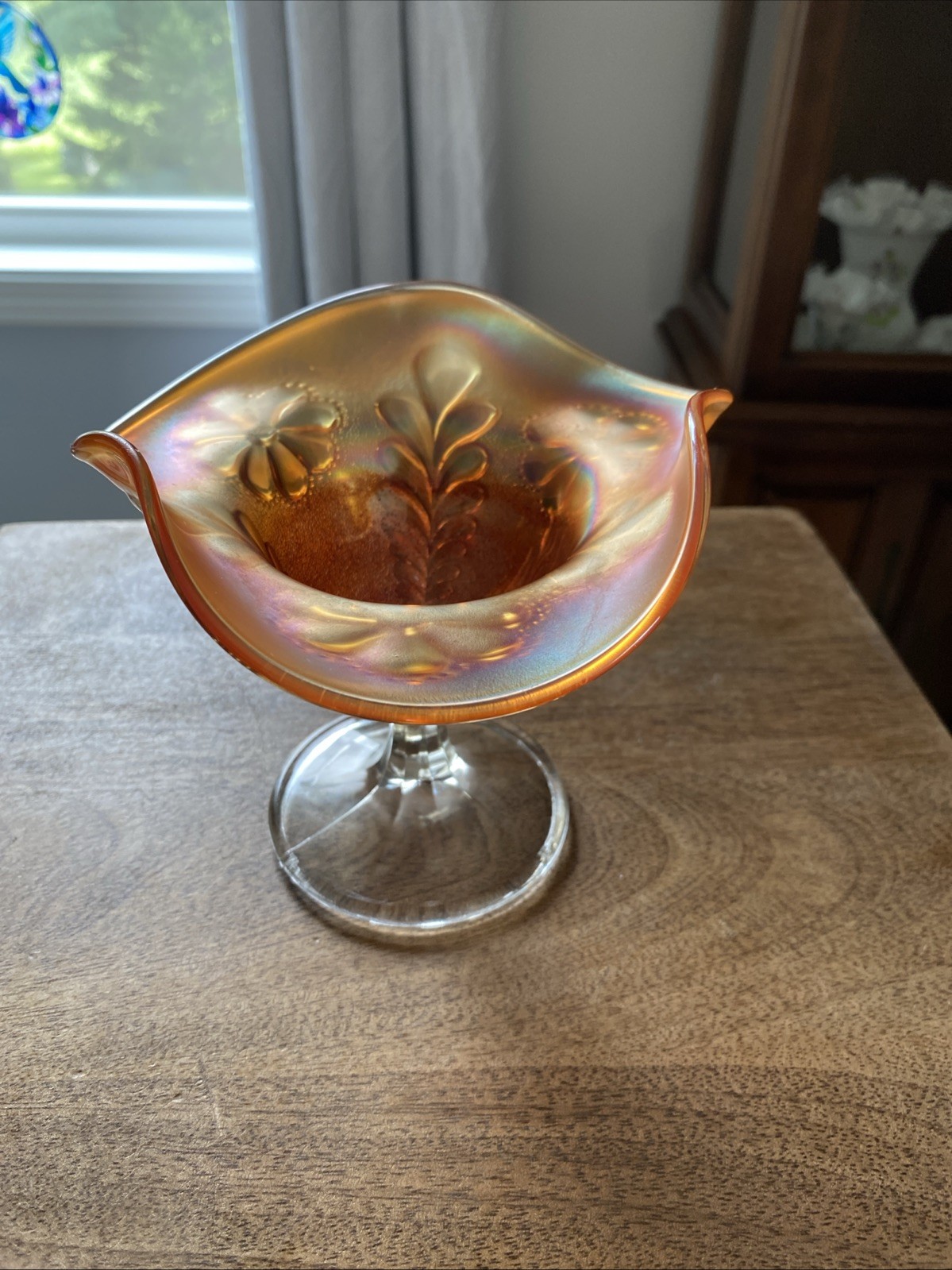 Northwood Compote/Candy Dish Marigold Carnival Glass Daisy & Plume Pattern