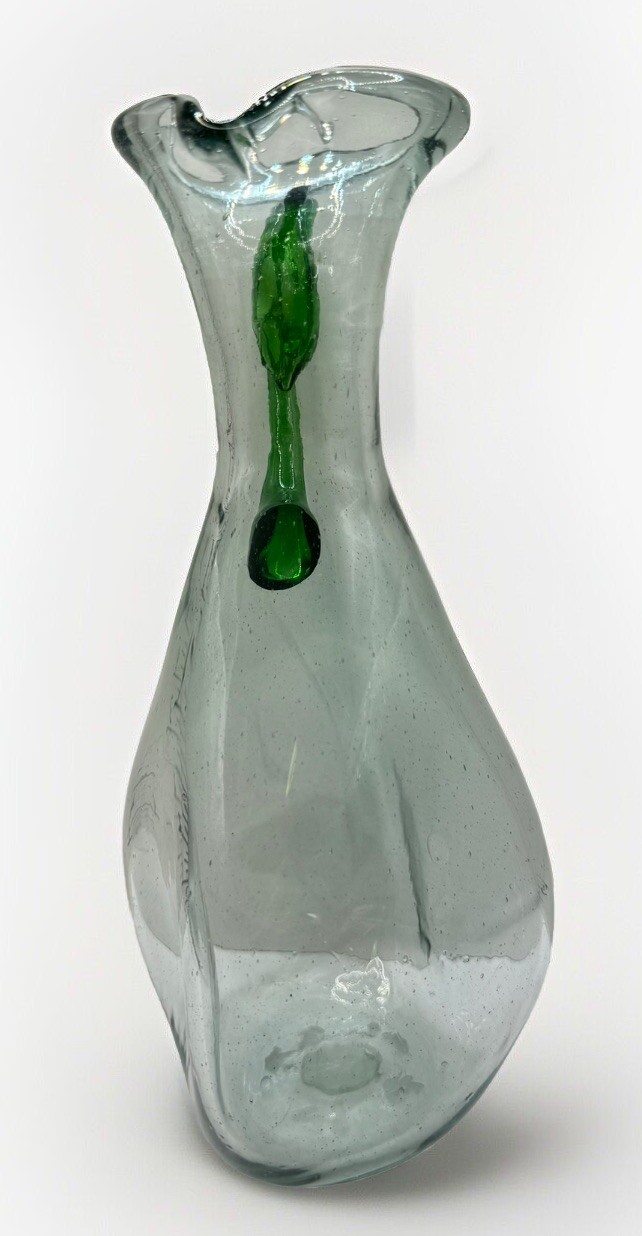 Old Art Deco Hand Blown Glass Pitcher Asymmetrical Sides Almost 10” Tall