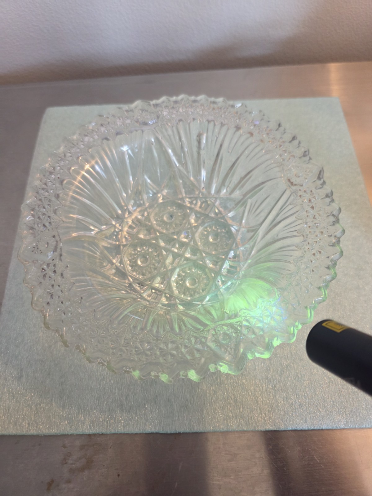 Uranium Glass Starburst Decorative Round Bowl 8 in Diameter