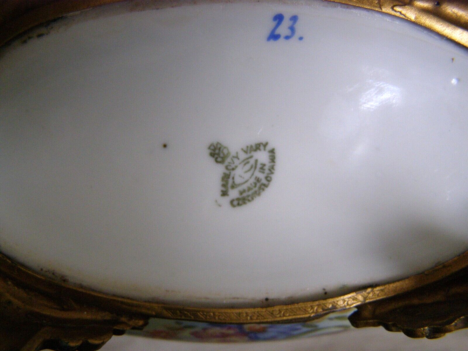 Antique Karlovy Vary Porcelain Serving Dish Gilt metal base bottom stamped #23