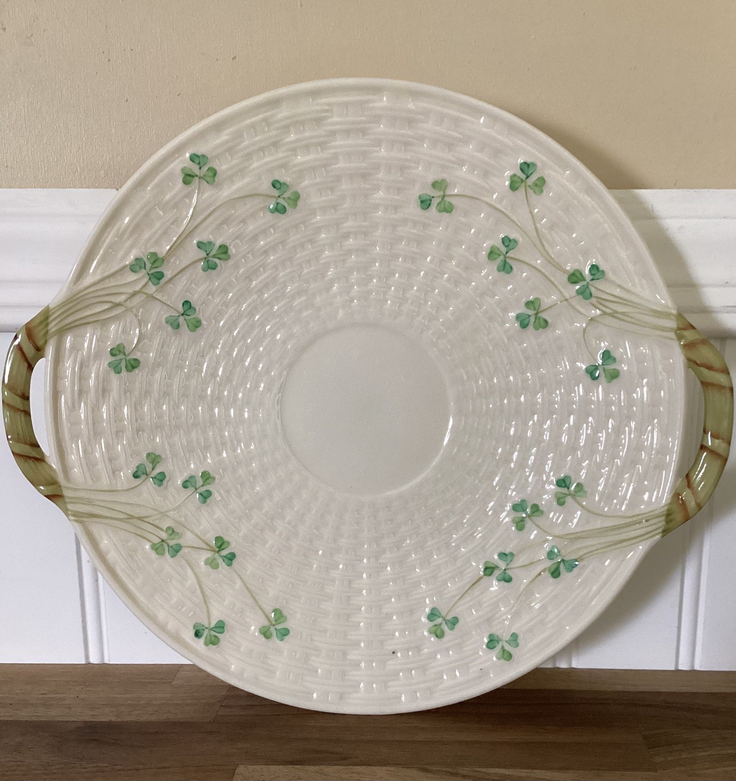 Vintage Belleek Shamrock Basket Weave Handled Cake Serving Platter Plate
