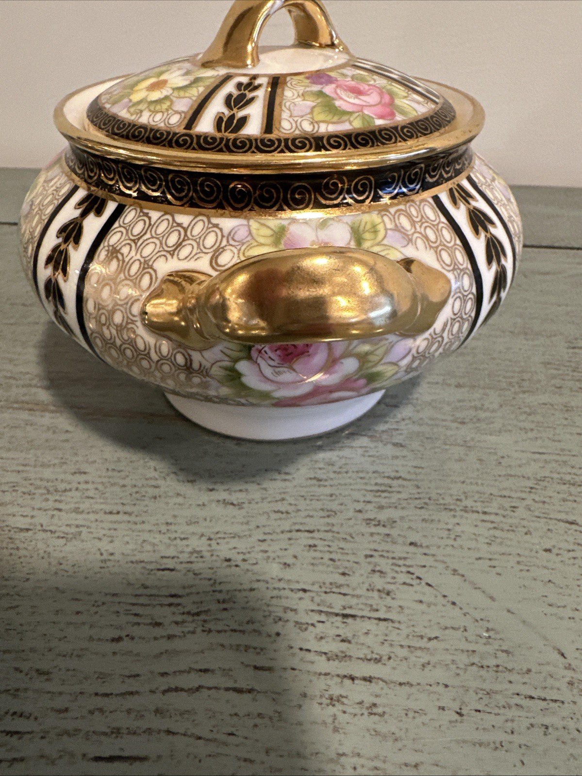 Antique Japan NIPPON Hand Painted Gold Creamer and Sugar Bowl W/ Lid