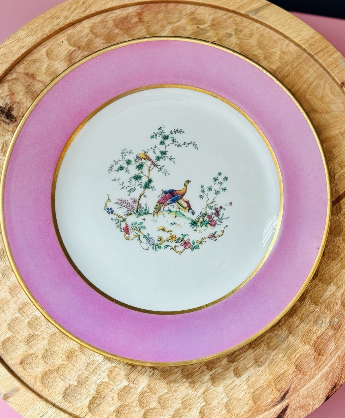 8-3/4″ Plate Ovington Bros. New York Limoges France Depose Pink Rim Chelsea Bird