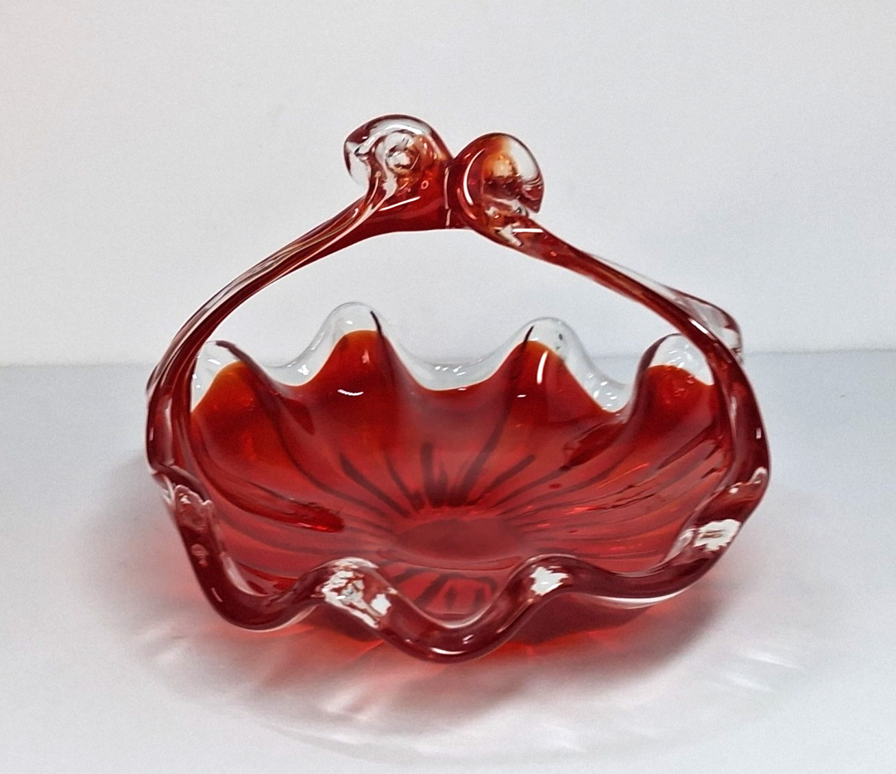 Vintage MCM Art Glass Free Form Handled Bon Bon Dish Red Persimmon Crystal Clear