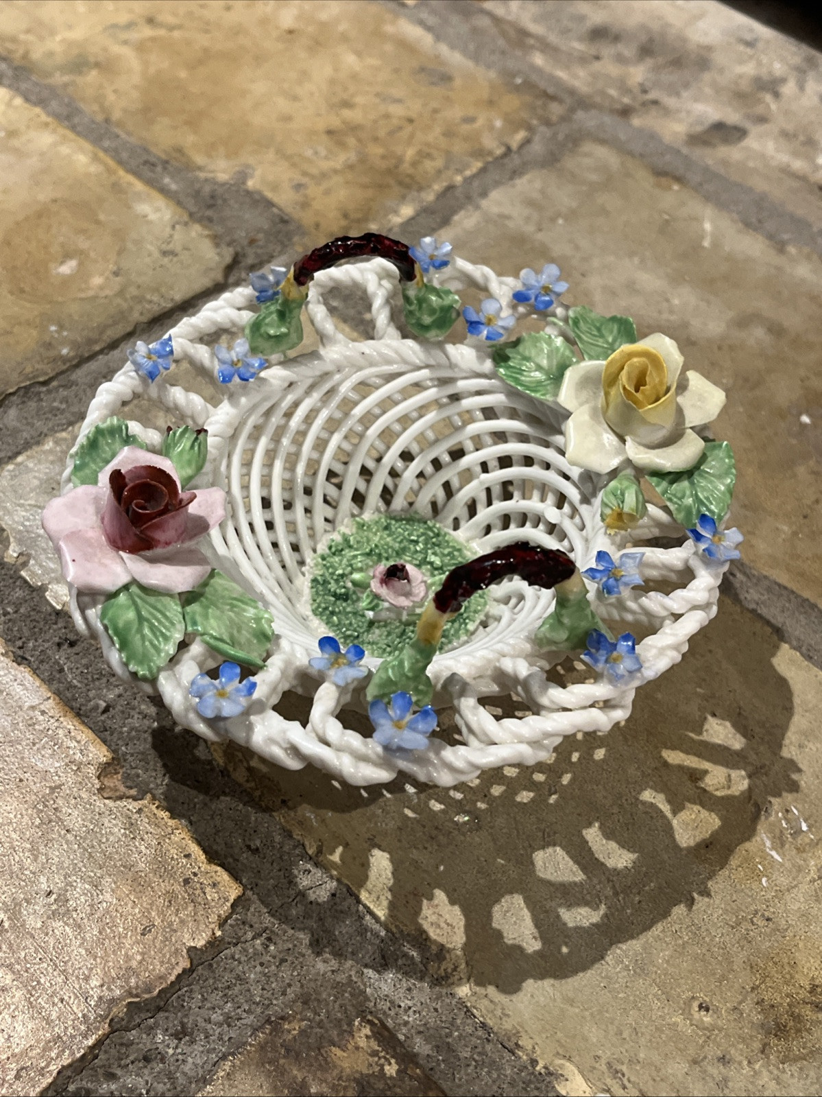 Vtg Denton Woven Porcelain Handled Basket Applied Flower Best Bone China ENGLAND