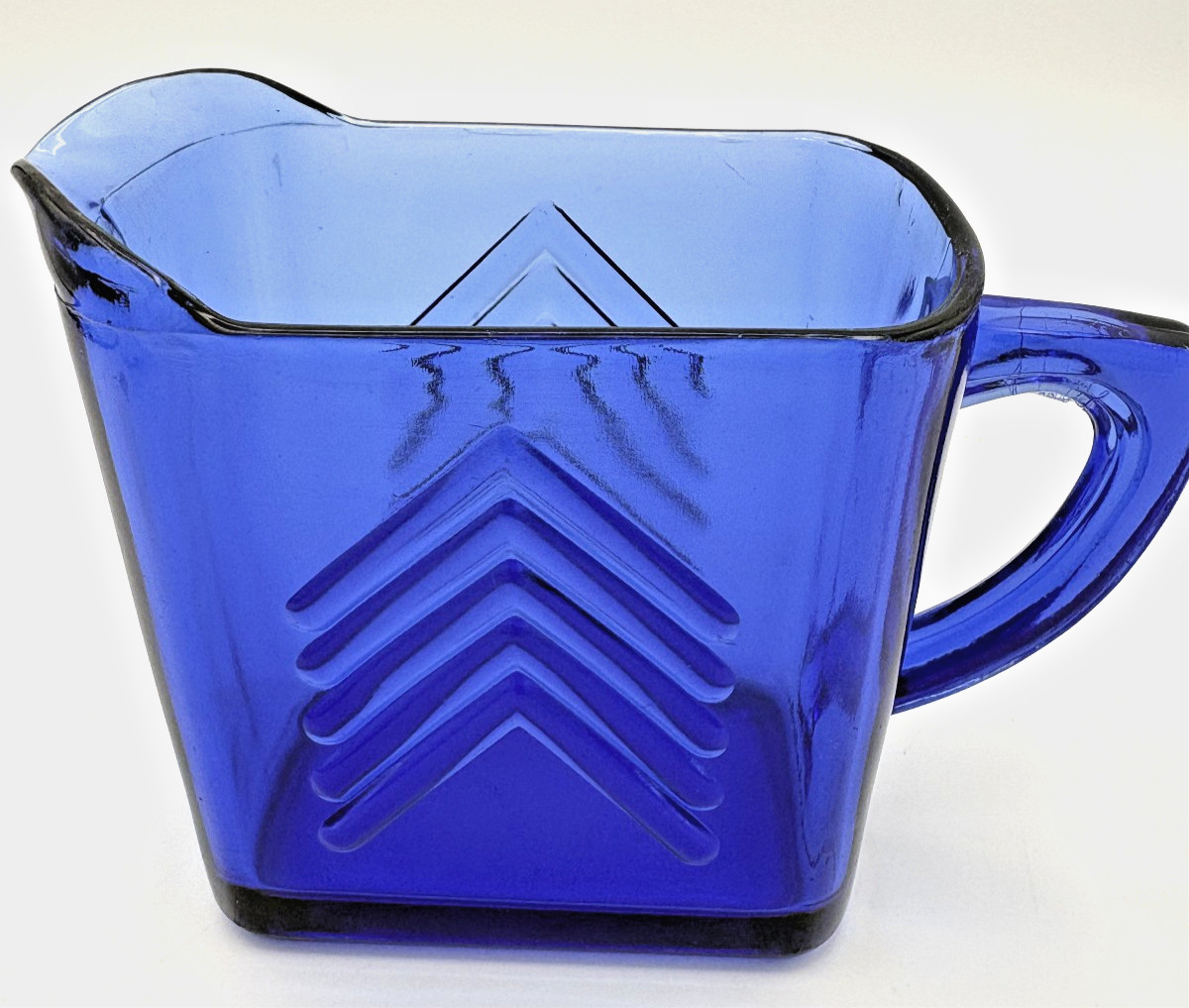Vintage Hazel Atlas Cobalt Blue Chevron Depression Glass Creamer Pitcher 4.25″