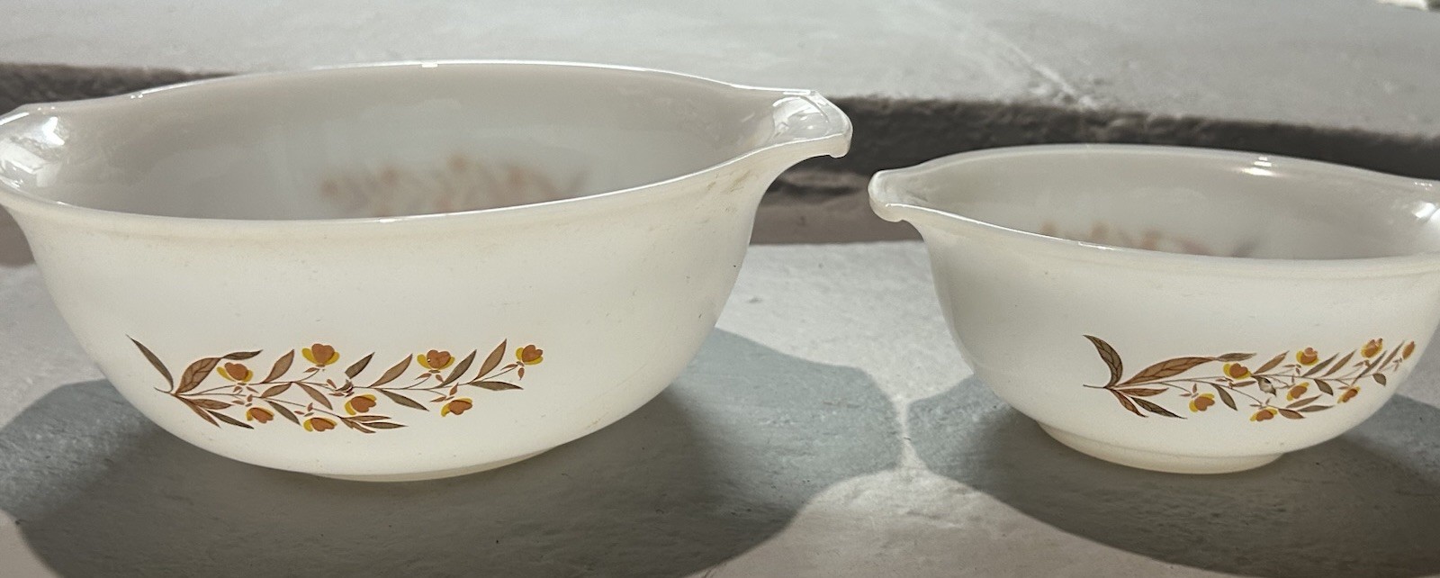 Glasbake 4 Mixing Bowls Autumn Leaf Pattern VTG 1961-1963 J235 w/ Original Box