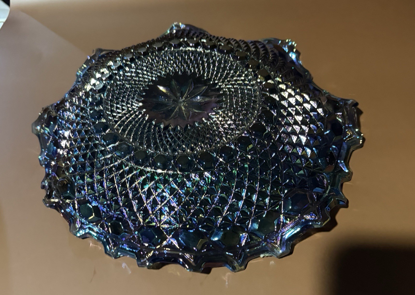 Indiana Glass Co. Diamond Point Blue Iridescent Carnival Hostess Plate