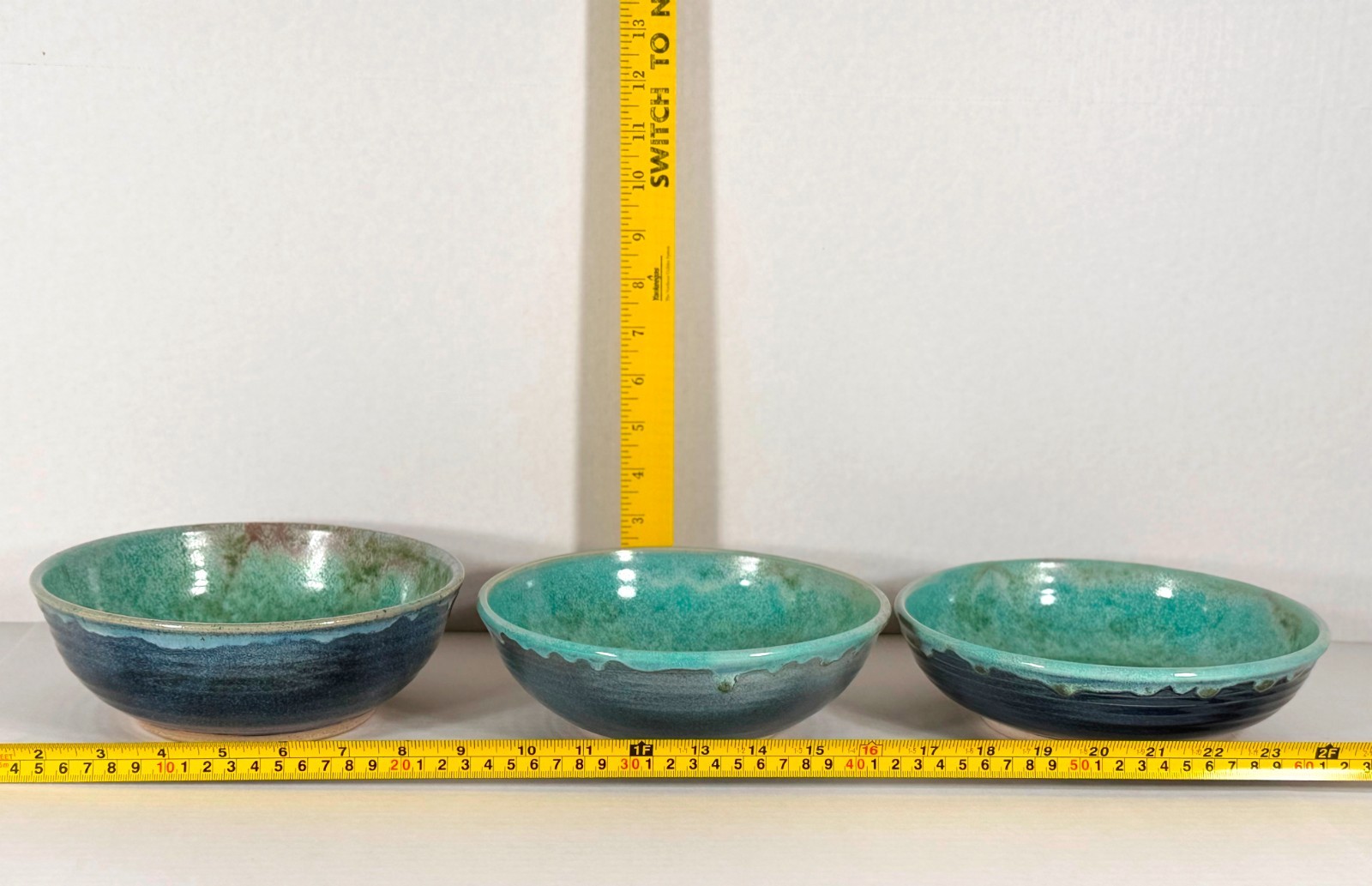 Set 5 Handmade Studio Pottery Bowls Signed D Blue Green Drip Glaze Stoneware