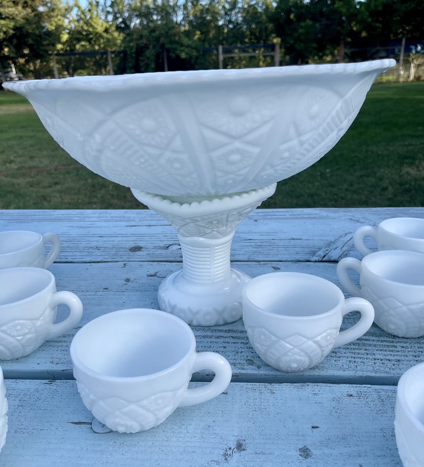 Milk Glass Pedestal Punch Bowl Set with 12 Cups Vintage McKee Concord