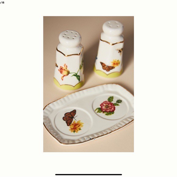 Anthropologie Nathalie Lete Salt and Pepper Shaker Set with Tray Floral Bird Bee