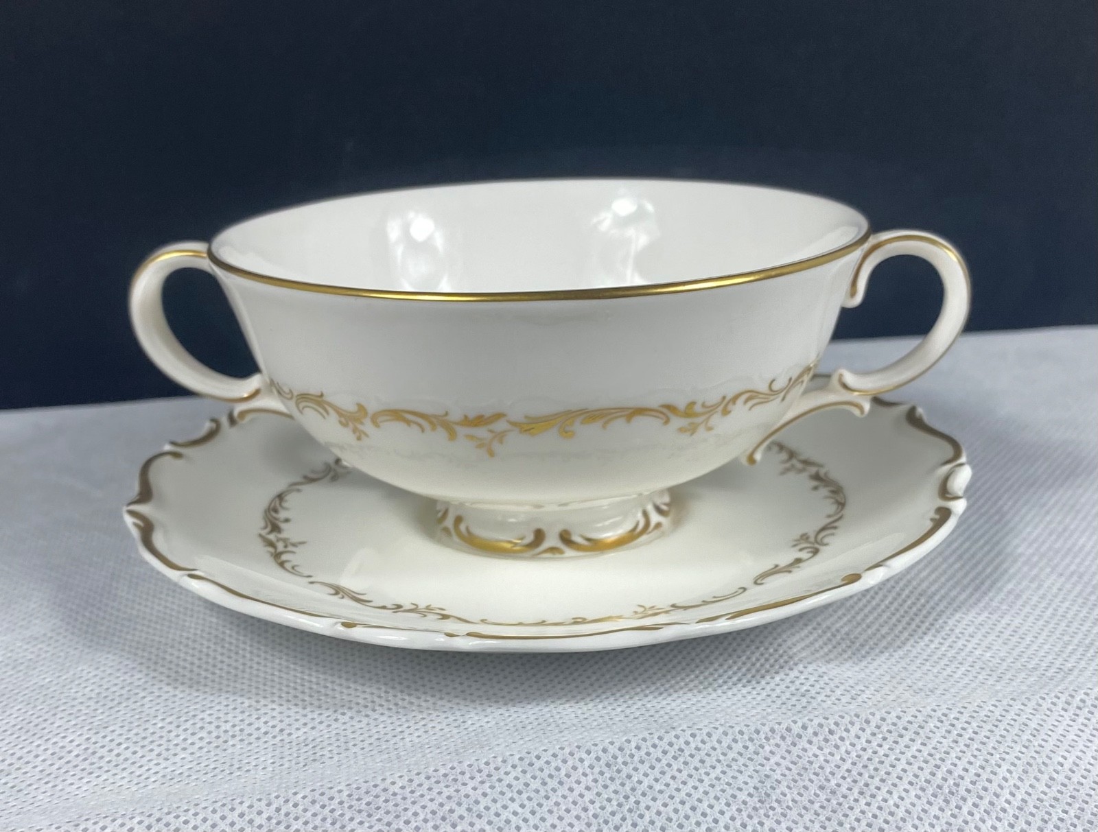 Royal Doulton England “RICHELIEU” Footed Cream Soup w/ Saucer Fine Bone China