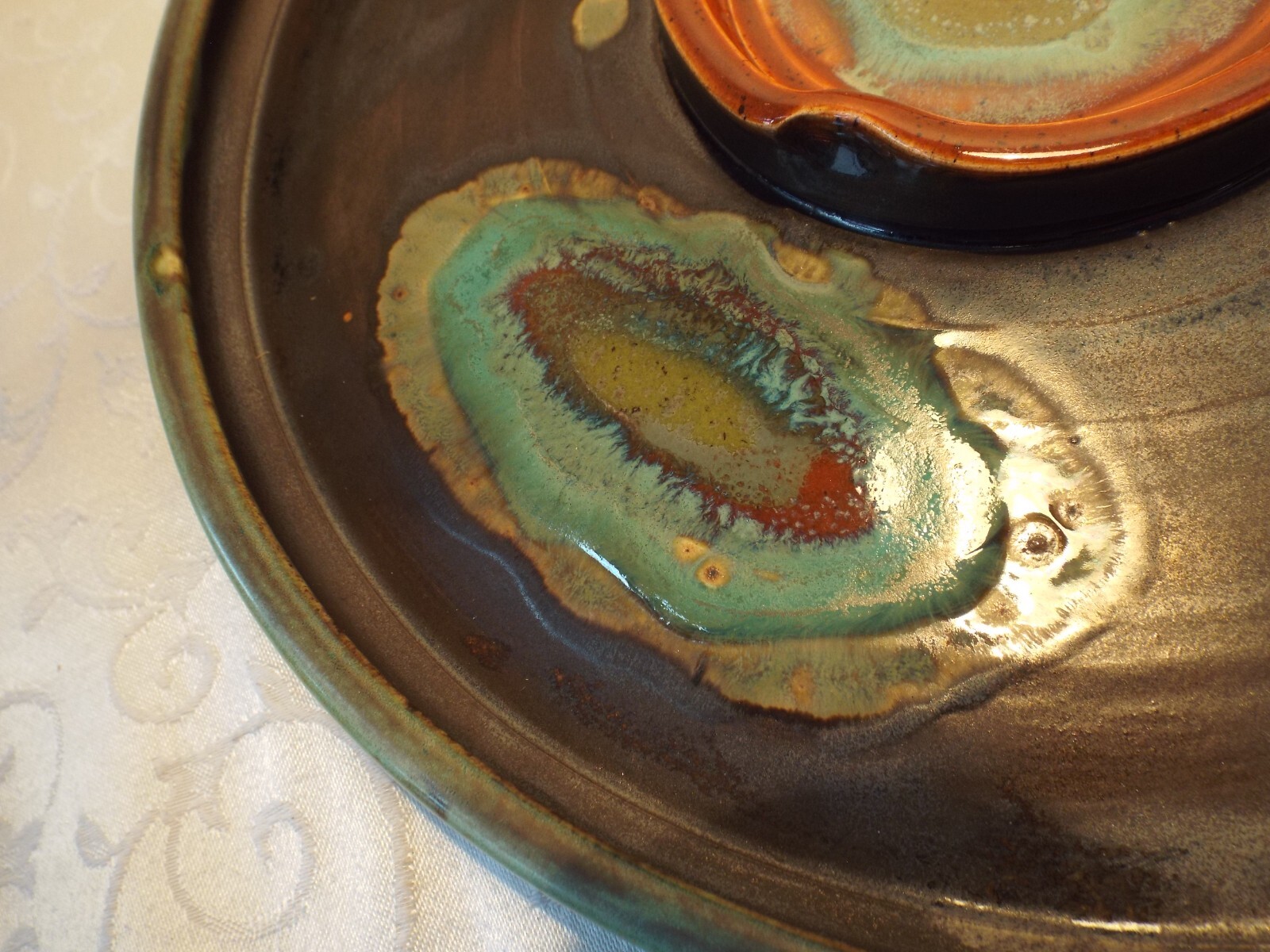 Pottery Chip & Dip Platter Glazed Artisan Made Signed Fused Glass Spots Unique