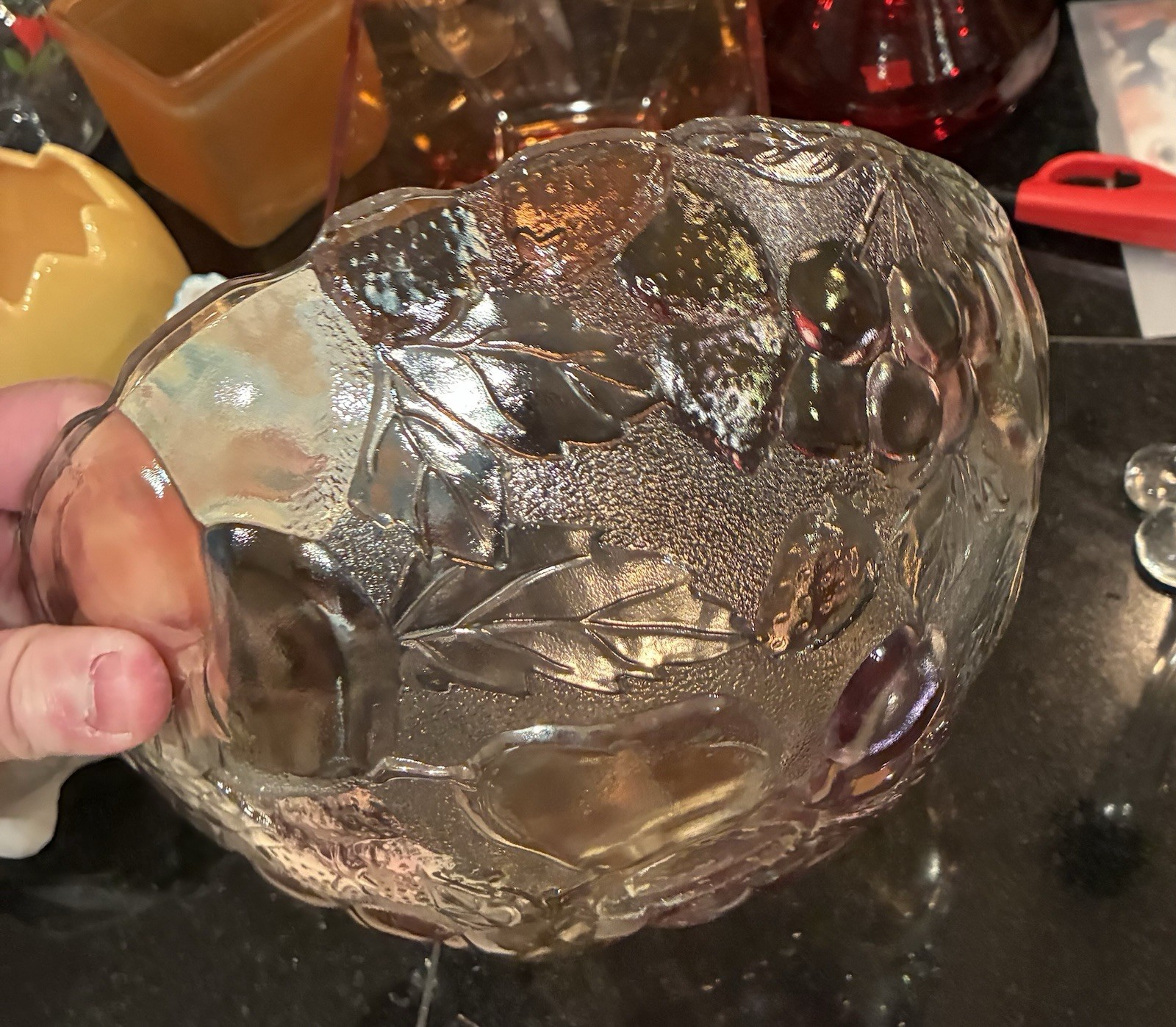 Glass Pressed Fruit and Leaves Pattern Decorative Round Fruit Bowl