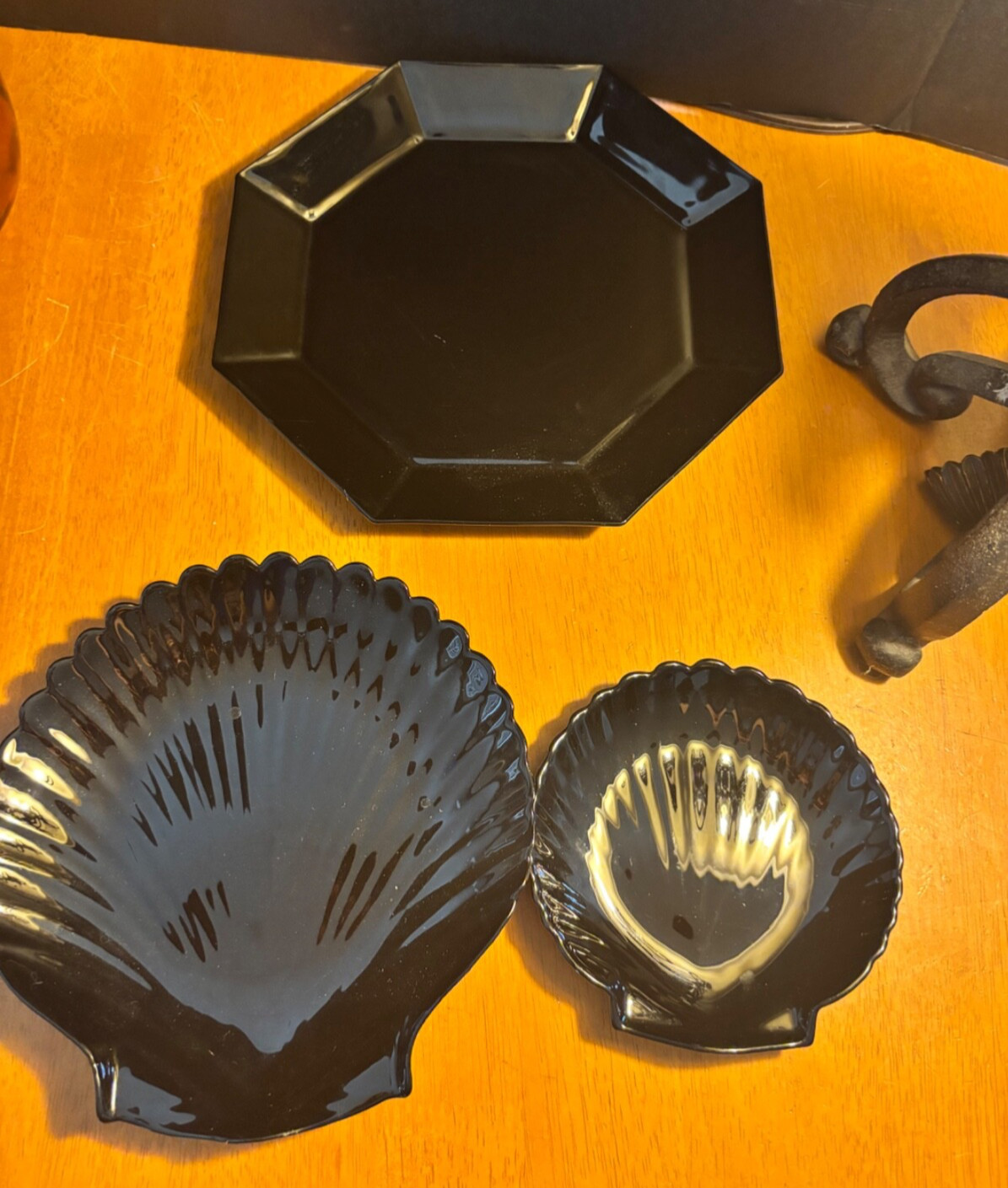 Arcoroc Coquillage Black Glass Serving Bowls Shell & Hexagon Shape, France
