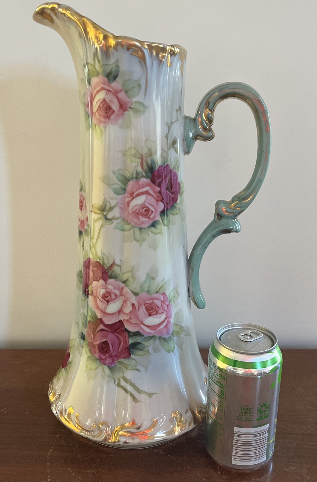 Antique Tall Pitcher Hand Painted Vase Tankard Ewer Roses Gold 15.5