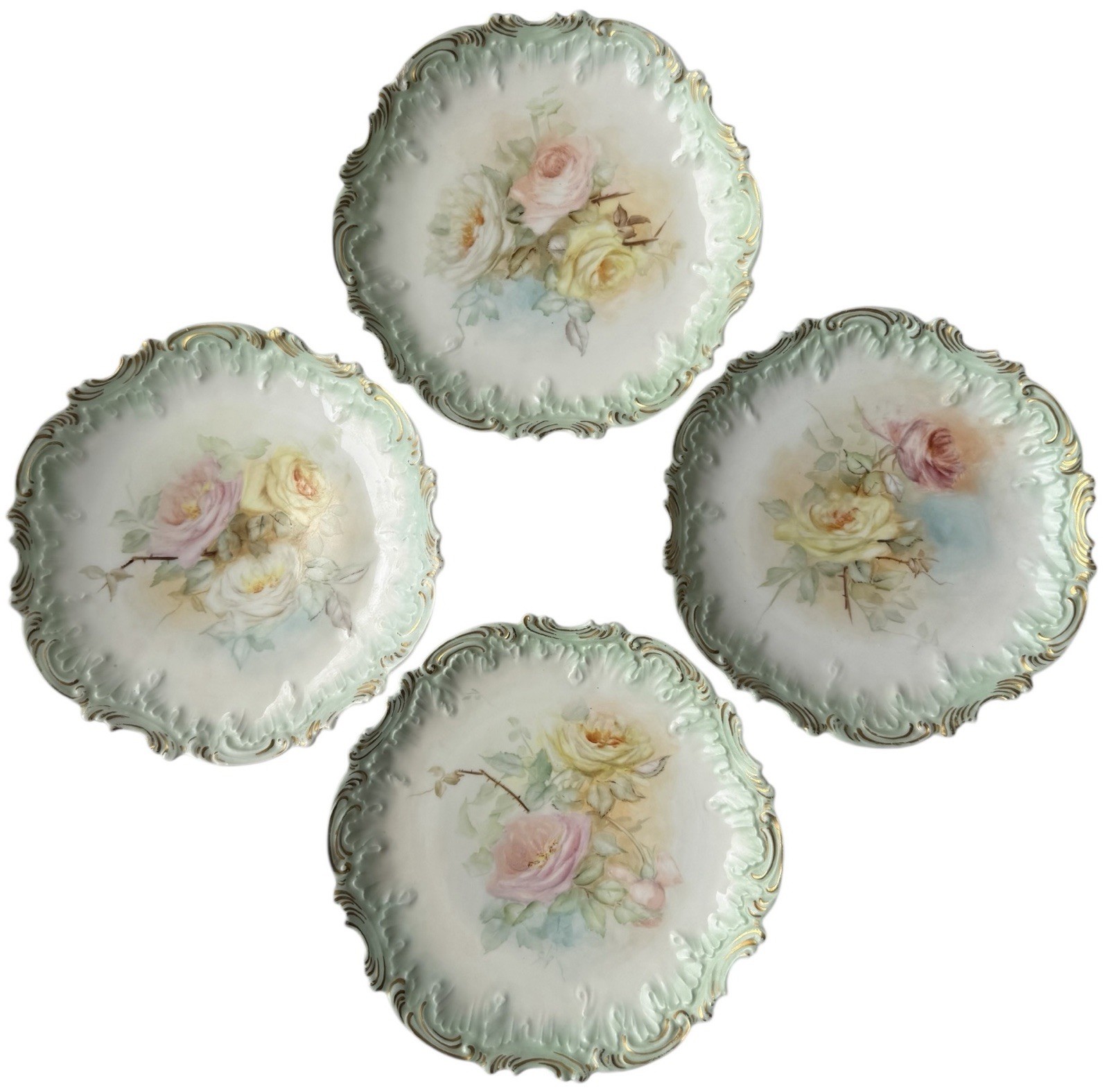 Antique Limoges France Plate Set 4 Hand Painted 1899 Scalloped Embossed Floral