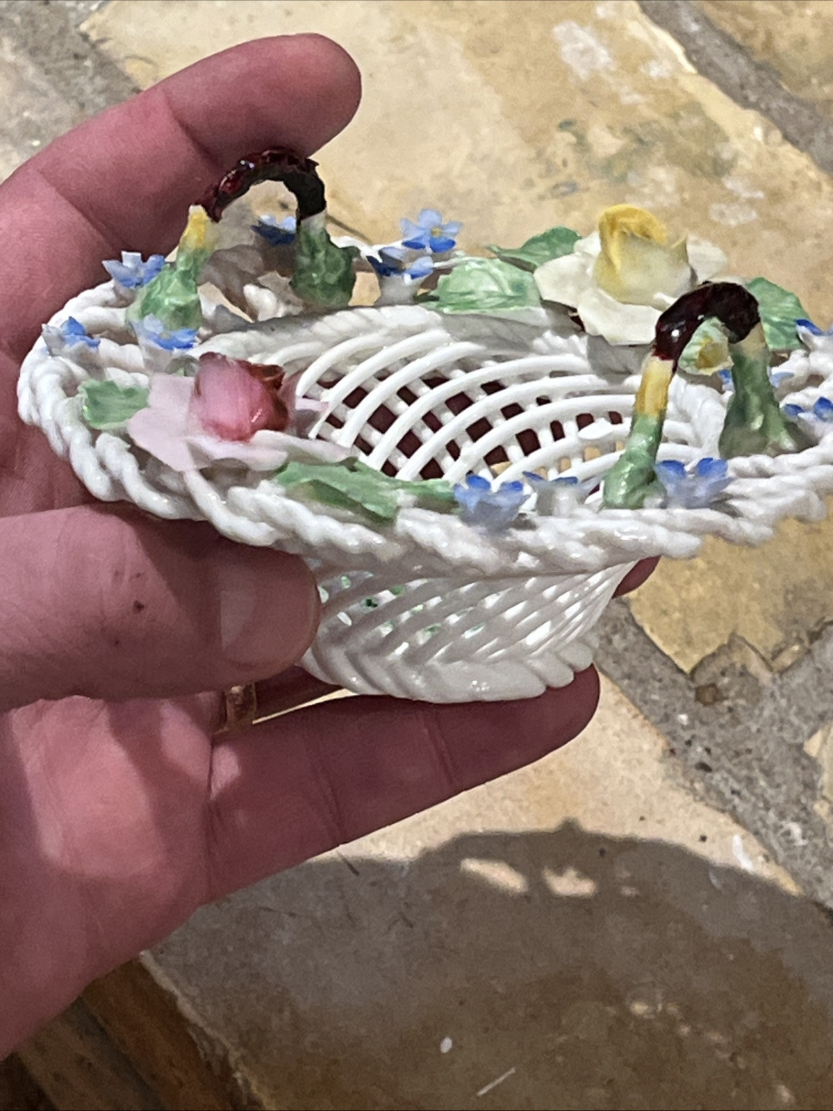 Vtg Denton Woven Porcelain Handled Basket Applied Flower Best Bone China ENGLAND