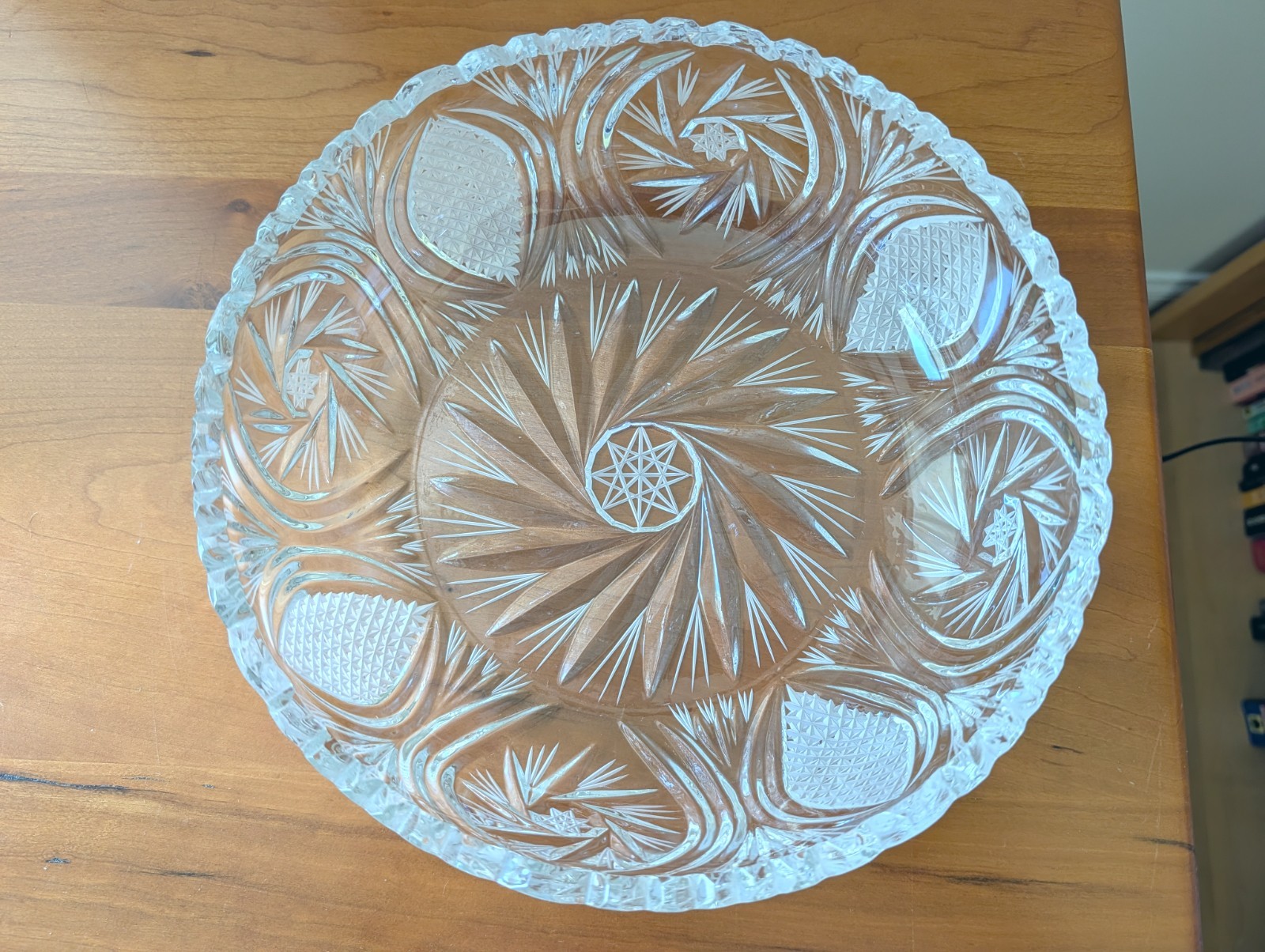 Vintage Cut Crystal Serving Bowl 9″ Starburst Fan Pattern Heavy Clear Glass