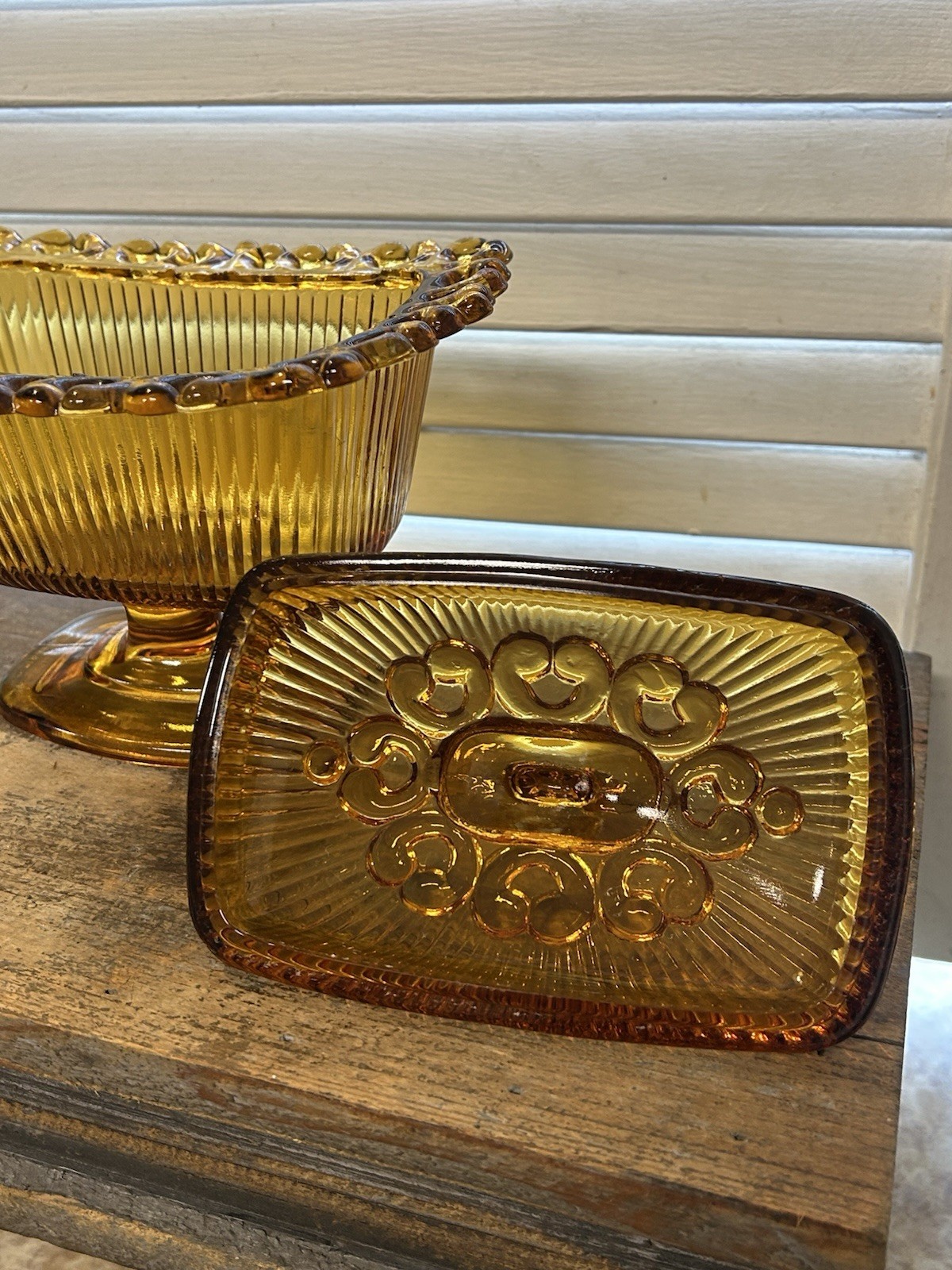 Indiana Glass Company “Lace Edge” Amber candy dish