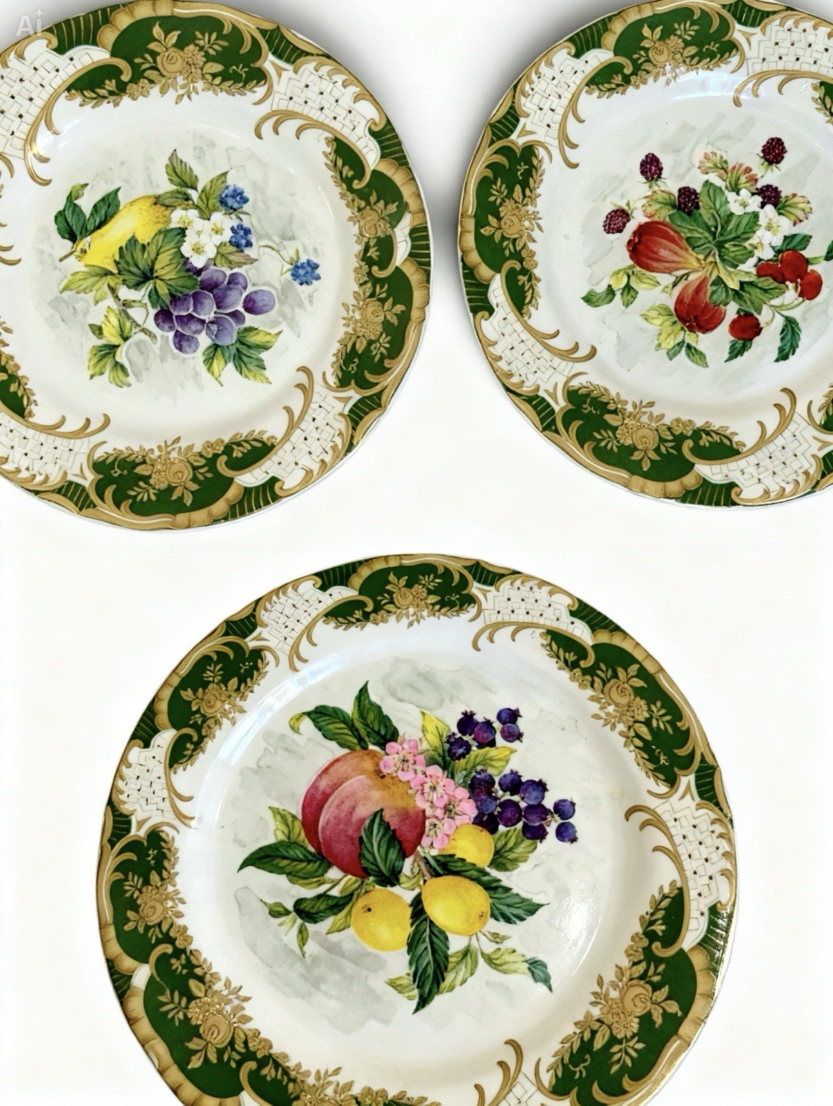 Vintage Limoges France Decorative Fruit Plates Green Gold Border Set of 3