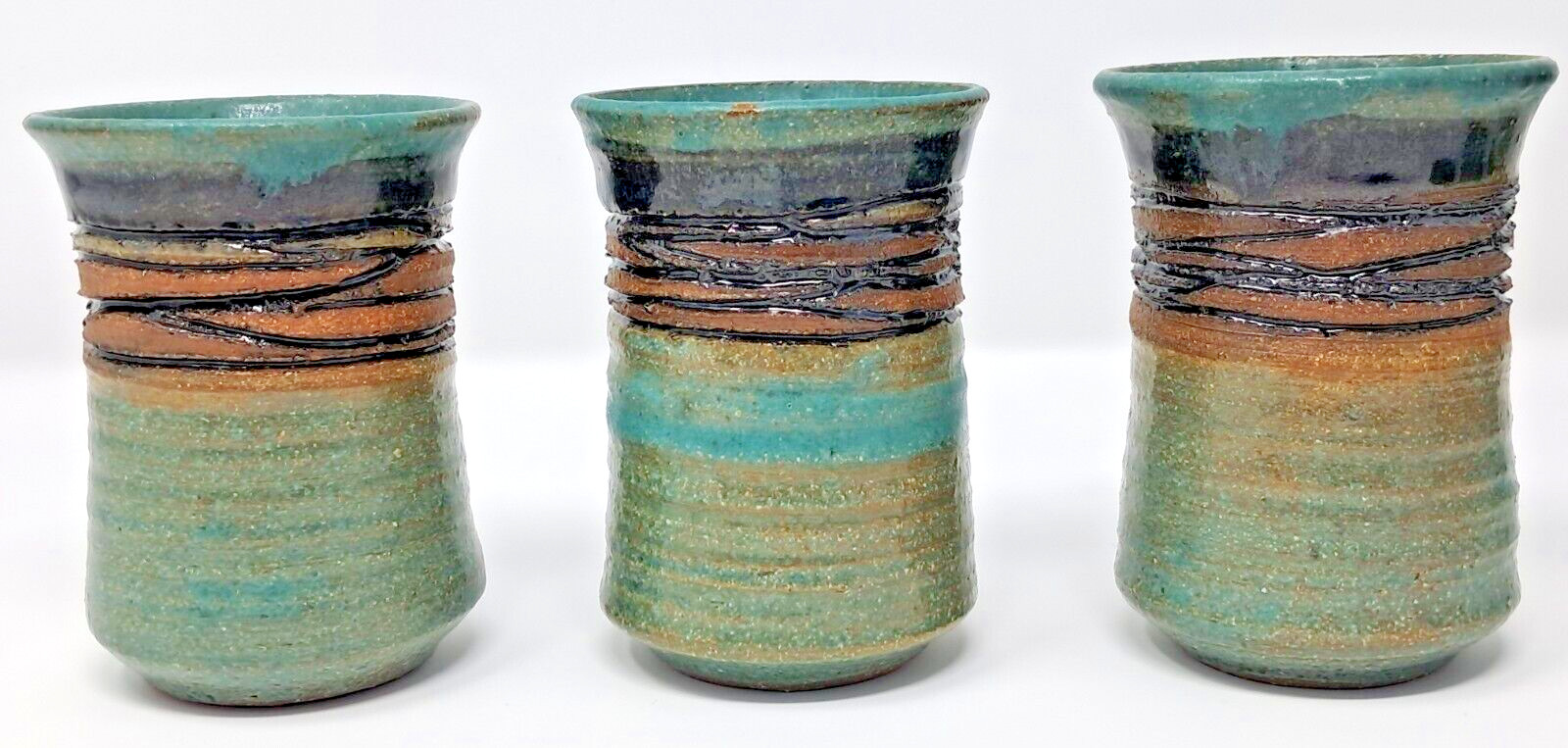 Stoneware Art Pottery Cups 8-9 fl oz Set of 6 turquoise glaze 4″ tall unique