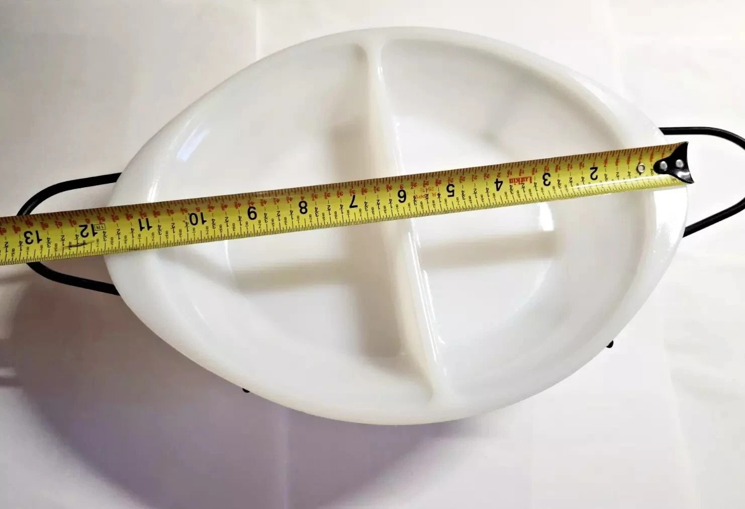 Vintage GLASBAKE J-239 WHITE Divided Oval CASSEROLE DISH & METAL SERVING STAND