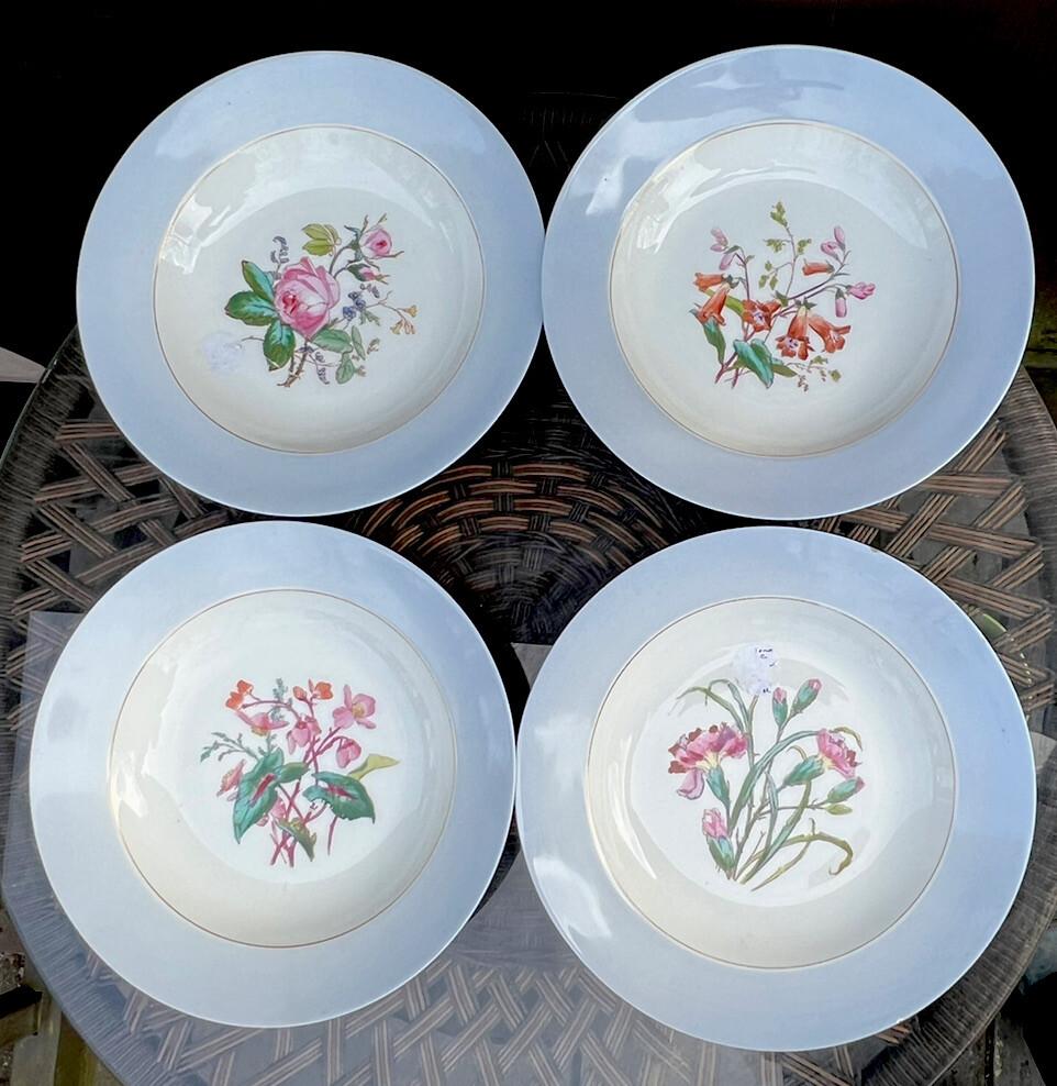 Haviland & Co Set of 4 Soup Bowls Blue Rim Floral Pattern Limoges France