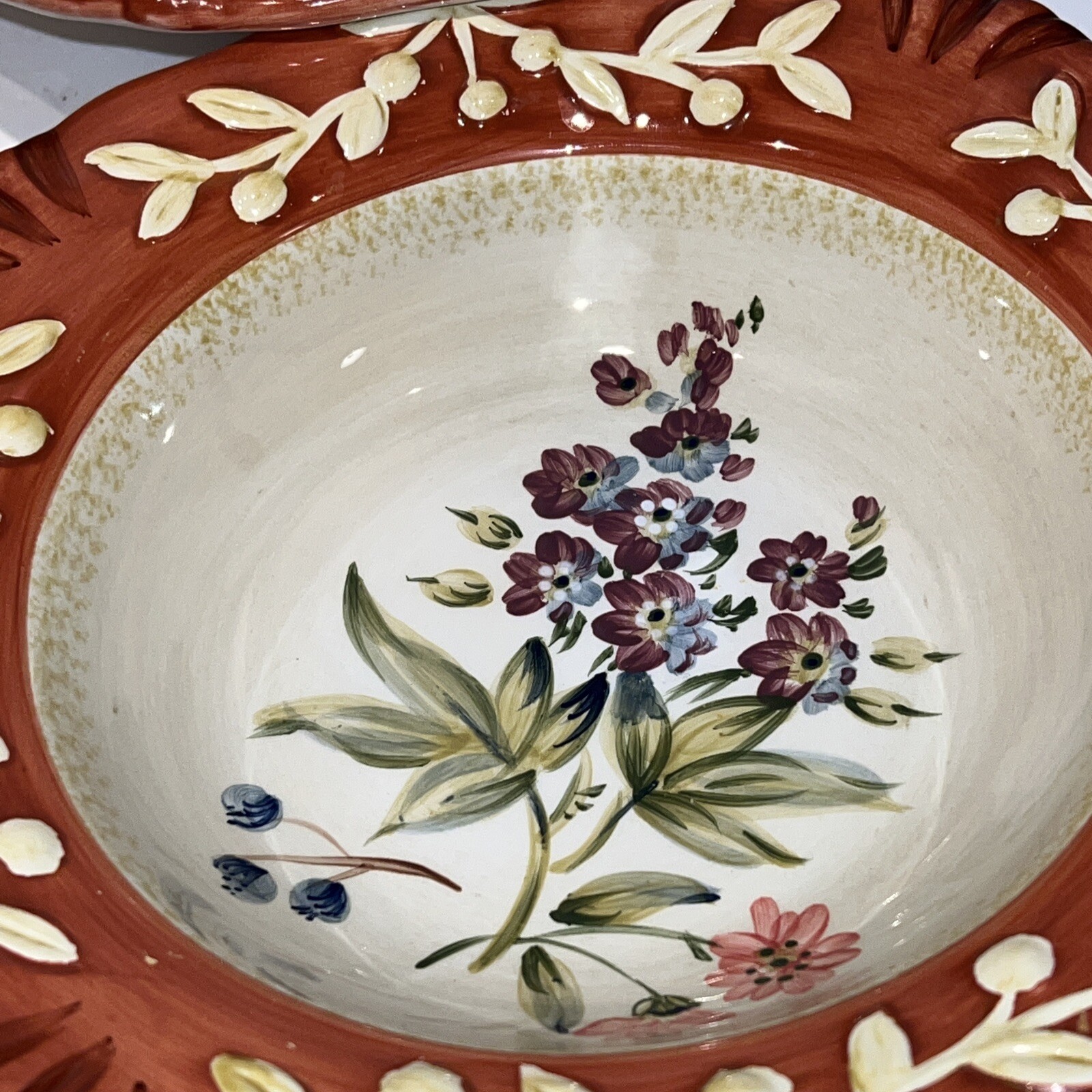 Lot 5 La Toscana by Certified Cereal Soup Serving Bowl Rust Rim Embossed Floral
