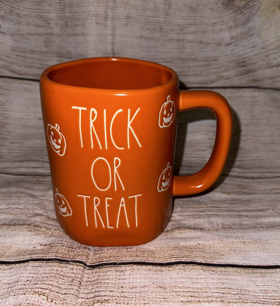 Rae Dunn Orange Halloween Trick Or Treat White Pumpkins Coffee Mug New Farm